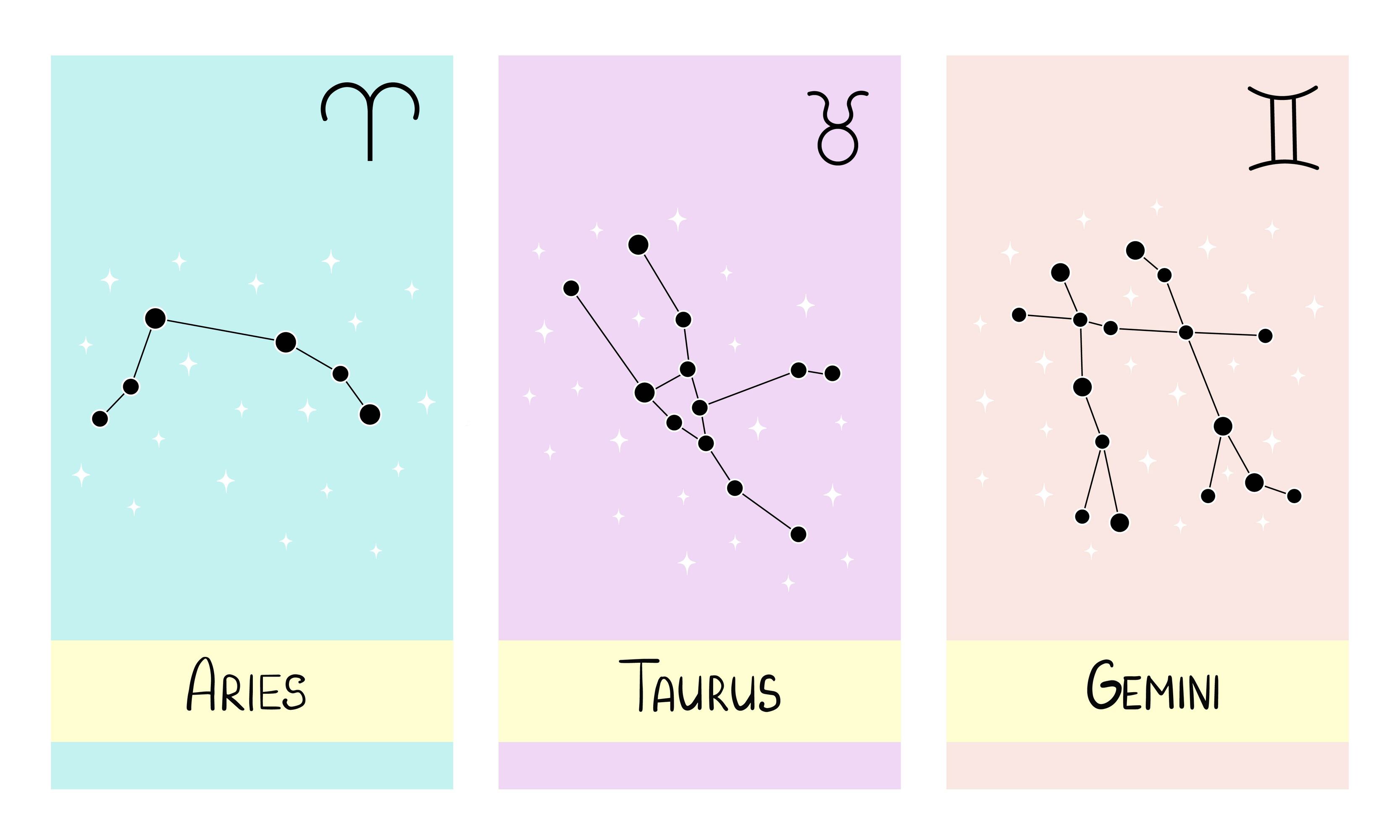 Star constellations zodiac aries, taurus, gemini. Illustration for printing, background, wallpaper, covers, packaging, greeting cards, posters, stickers, textile and seasonal design