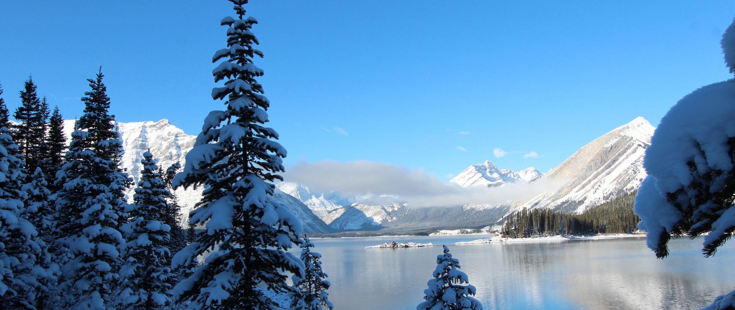 Winter Snow Lake Mountain 2560x1080 Resolution HD 4k Wallpaper, Image, Background, Photo and Picture