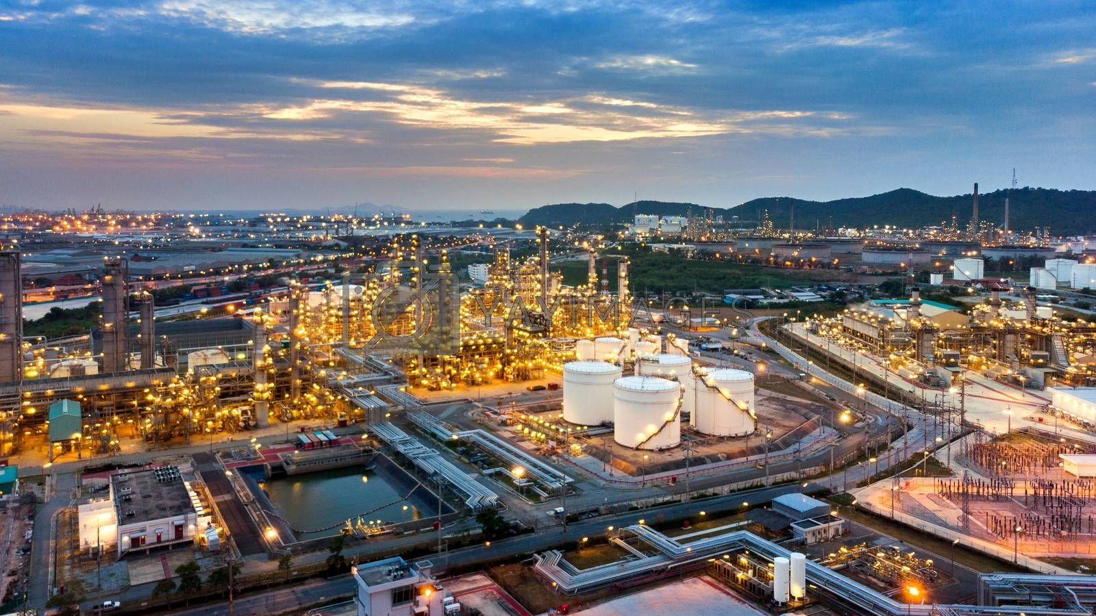 Royalty Free Image. Aerial view of Oil refinery, Oil Industry at sunset