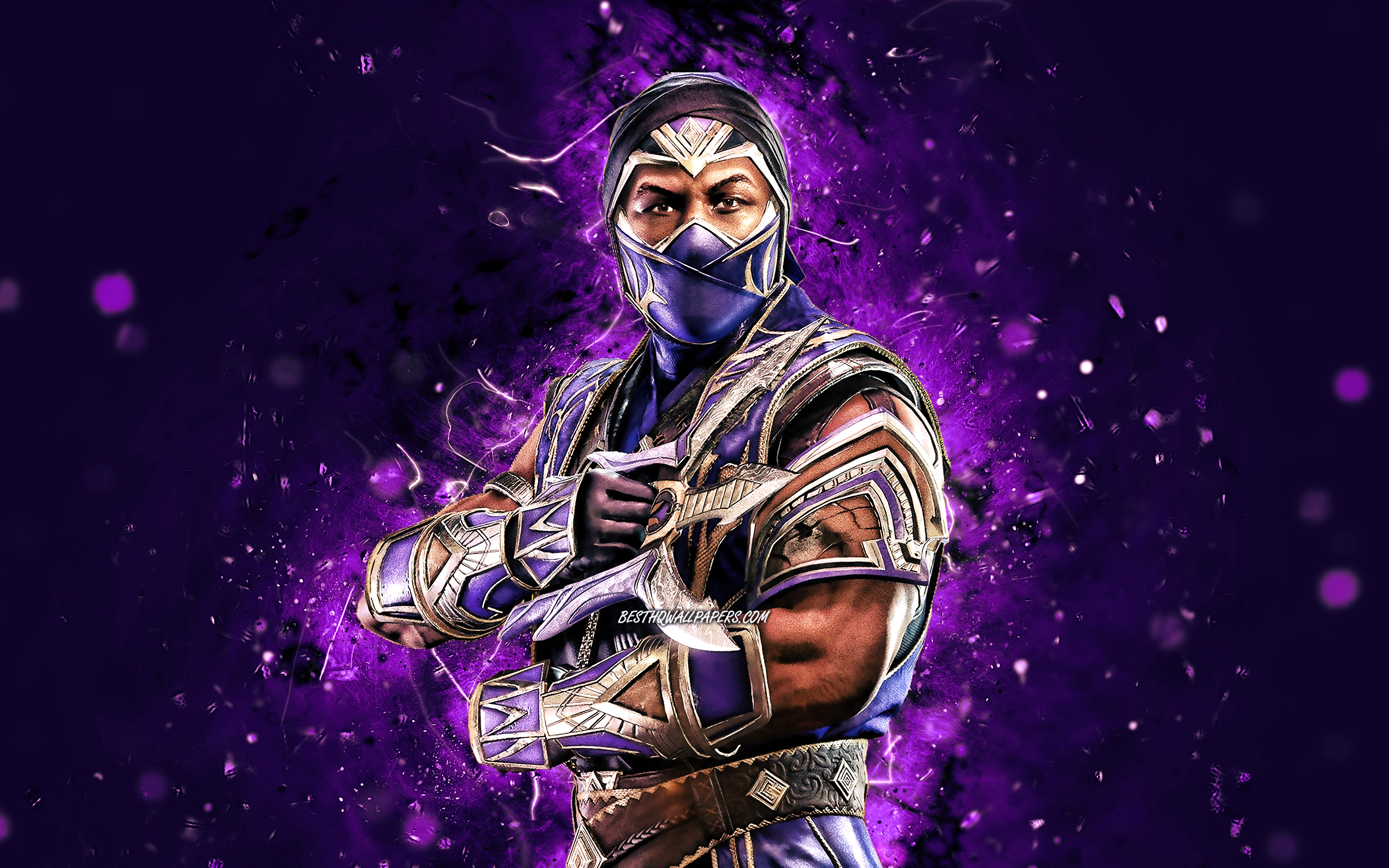 Download wallpaper Rain, 4k, violet neon lights, MK Mortal Kombat creative, Mortal Kombat, Rain Mortal Kombat for desktop with resolution 3840x2400. High Quality HD picture wallpaper