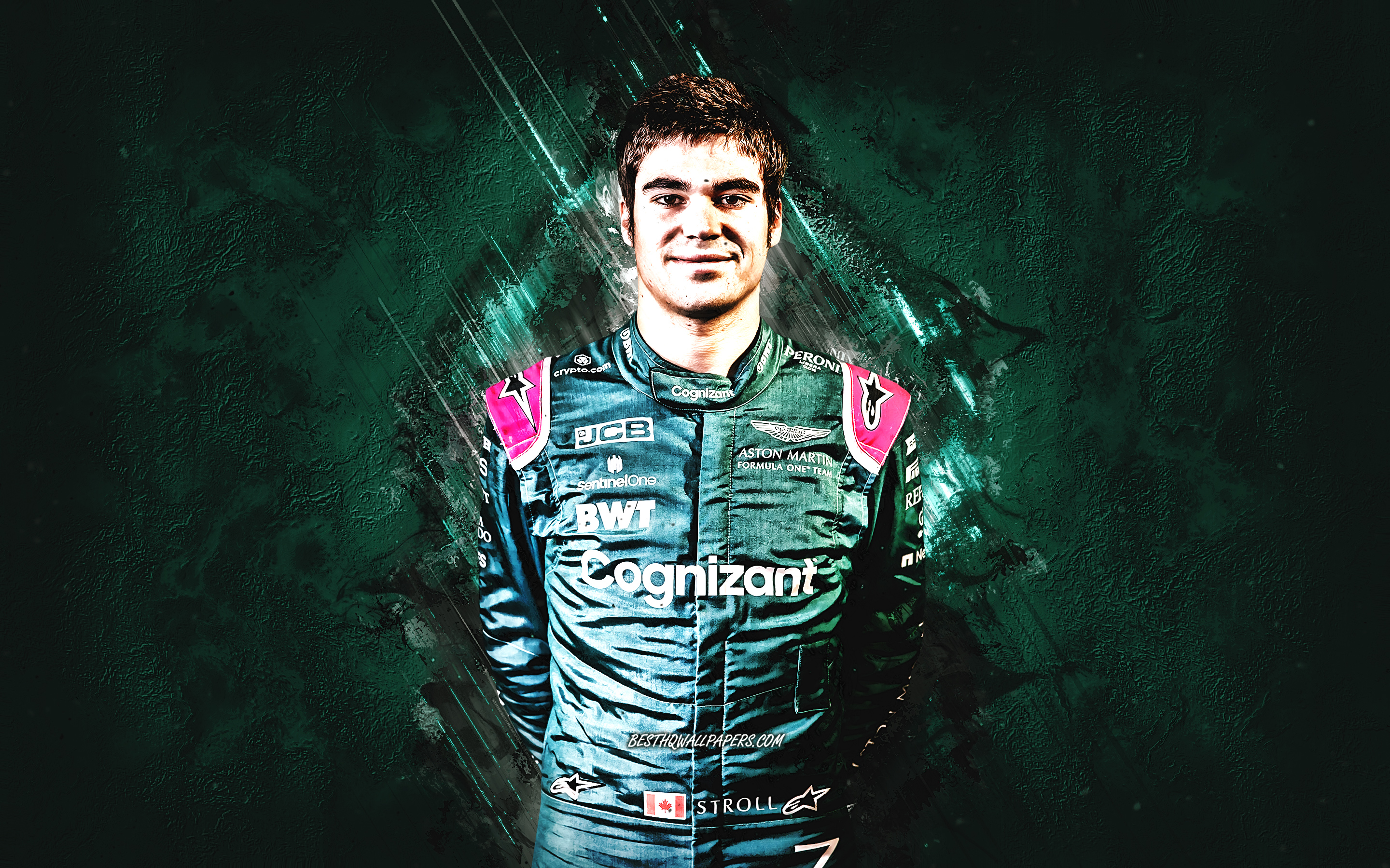 Download wallpaper Lance Stroll, Aston Martin F1 Team, Formula 1, Canadian driver, green stone background, F1, grunge art, Aston Martin for desktop with resolution 2880x1800. High Quality HD picture wallpaper