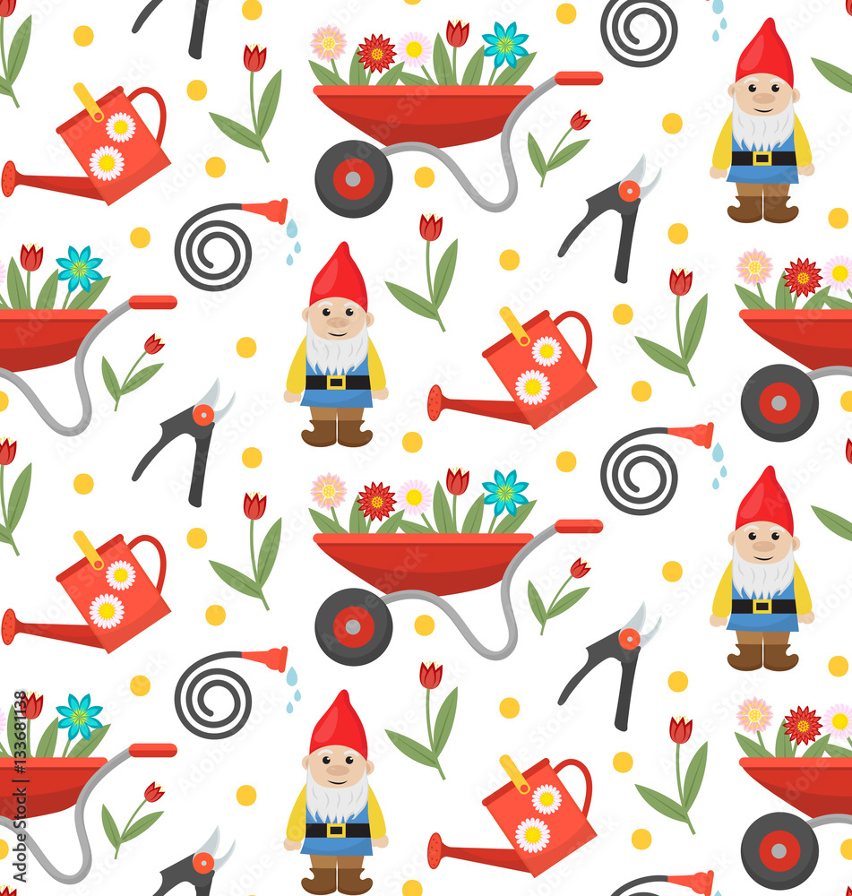 Gardening seamless pattern with gnome, flowers and tools. Spring endless background. Horticulture texture, wallpaper. Cute backdrop. Vector illustration Stock Vector