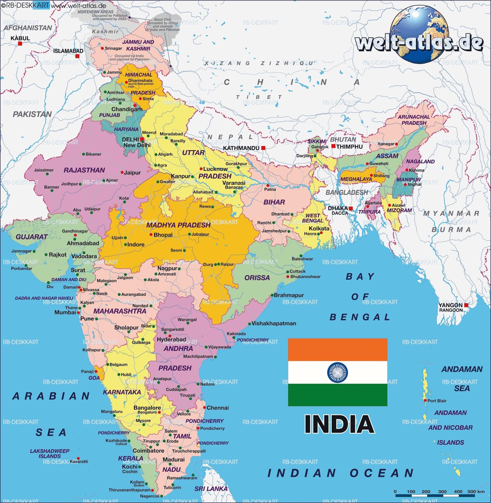 Physical and political map of India physical and political map (Southern Asia)