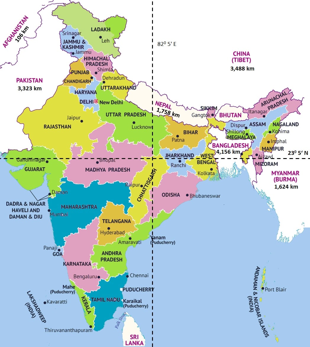 Land Borders of India (15107 km) & Standard Time (IST)