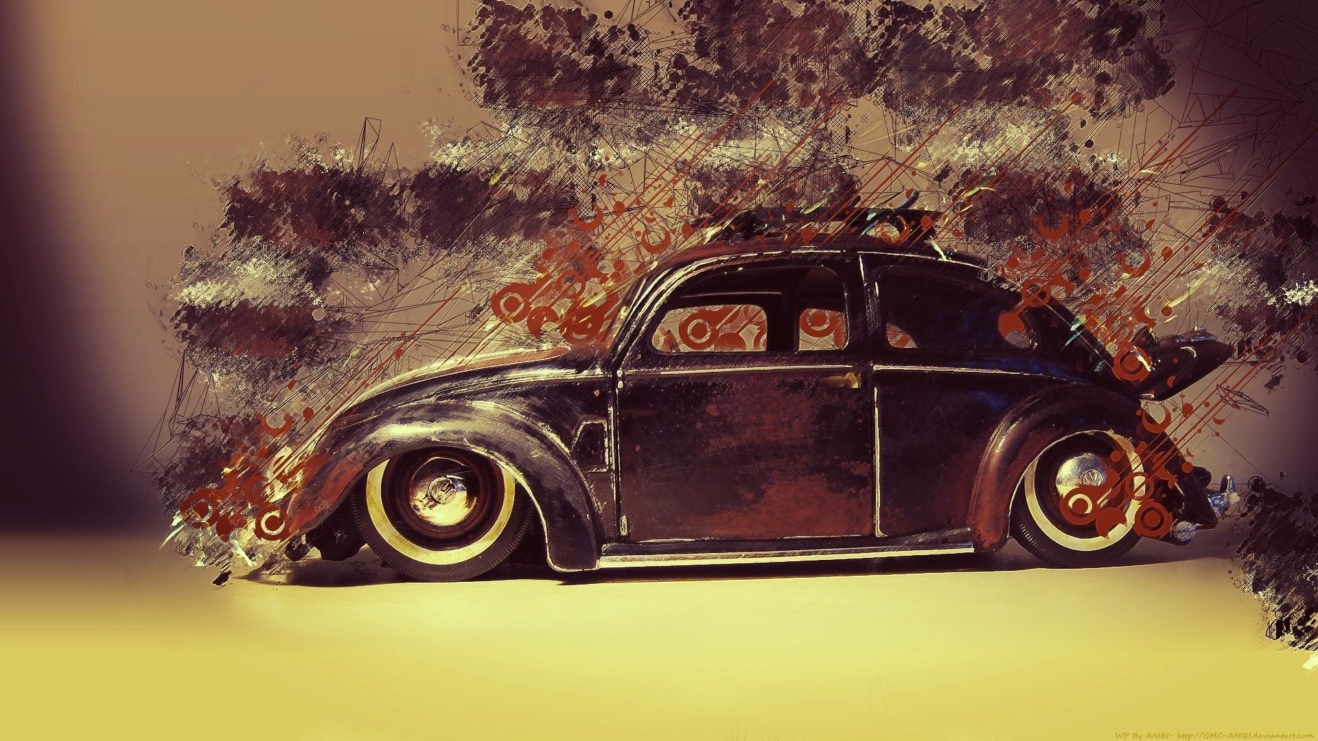 car, Old Car, Classic Car, Artwork, Digital Art, Volkswagen, Wheels, Volkswagen Beetle, Painting, Paint Splatter, Lines, Low Rider Wallpaper HD / Desktop and Mobile Background