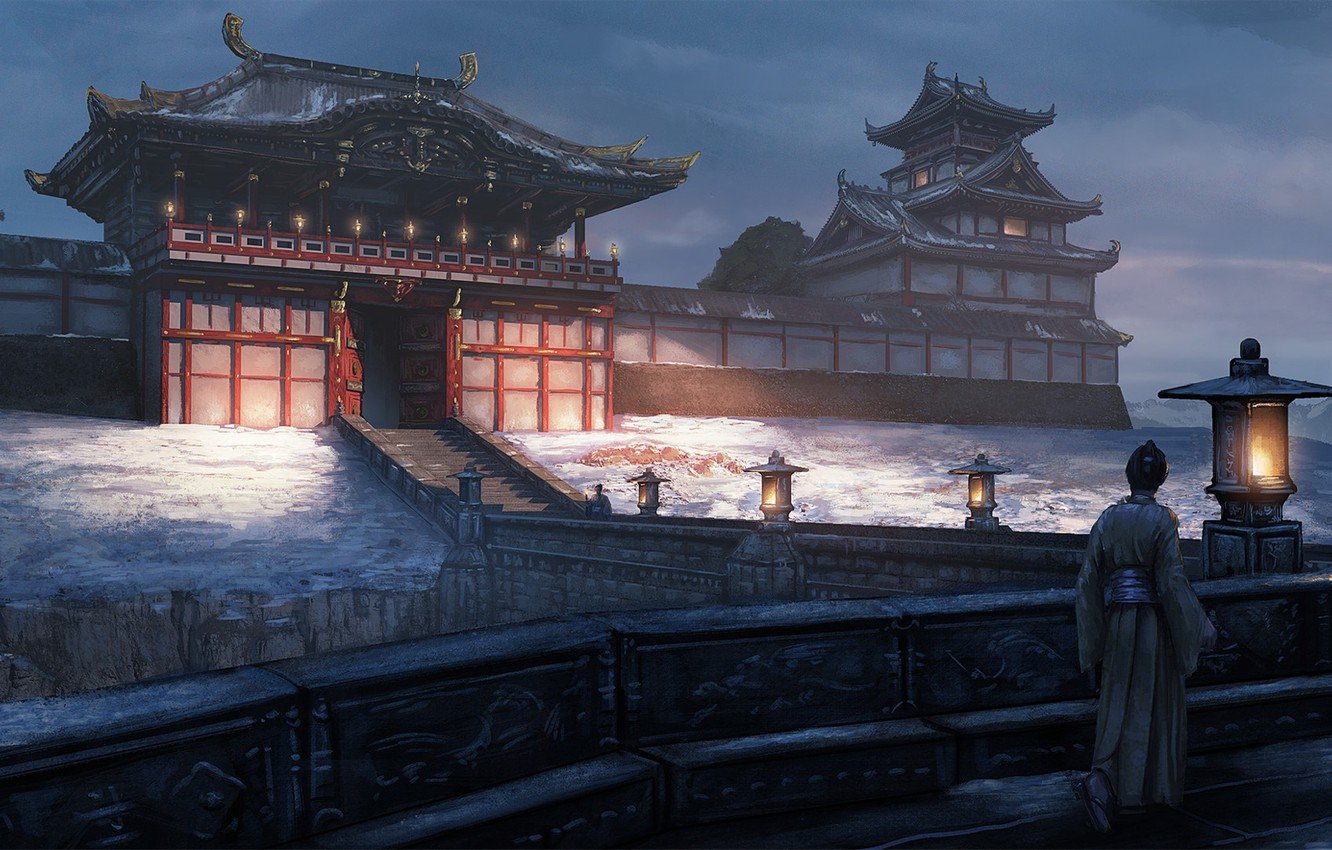 Wallpaper road, gate, Japan, samurai, lights, ladder, architecture, twilight, art, castle, feudal, Edward Baron image for desktop, section арт
