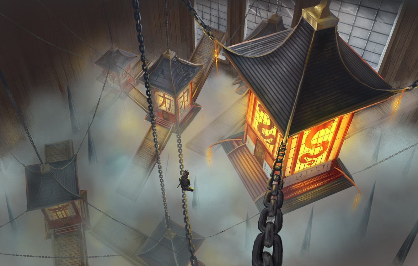 Wallpaper Figure, Smoke, Japan, Lights, Japan, Chain, Lamp, Art, Art, Fiction, Concept Art, Architecture, Feudal Japan, North Wisniewska, by Karolina Wisniewska, by Karolina Wisniewska image for desktop, section арт