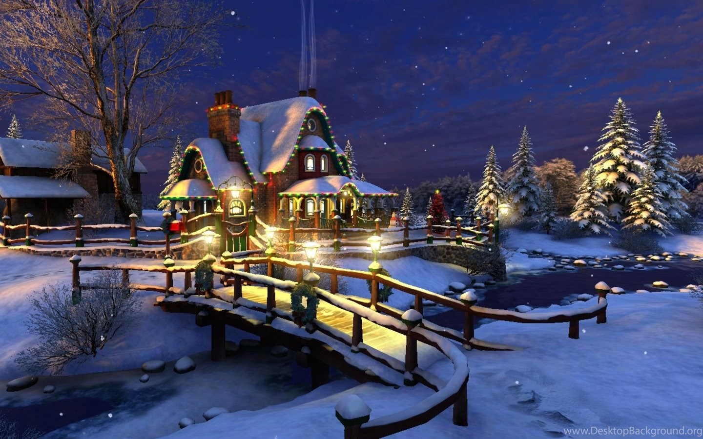 Christmas, Stars, Winter, Cottage, Bridge To The Cottage. Desktop Background