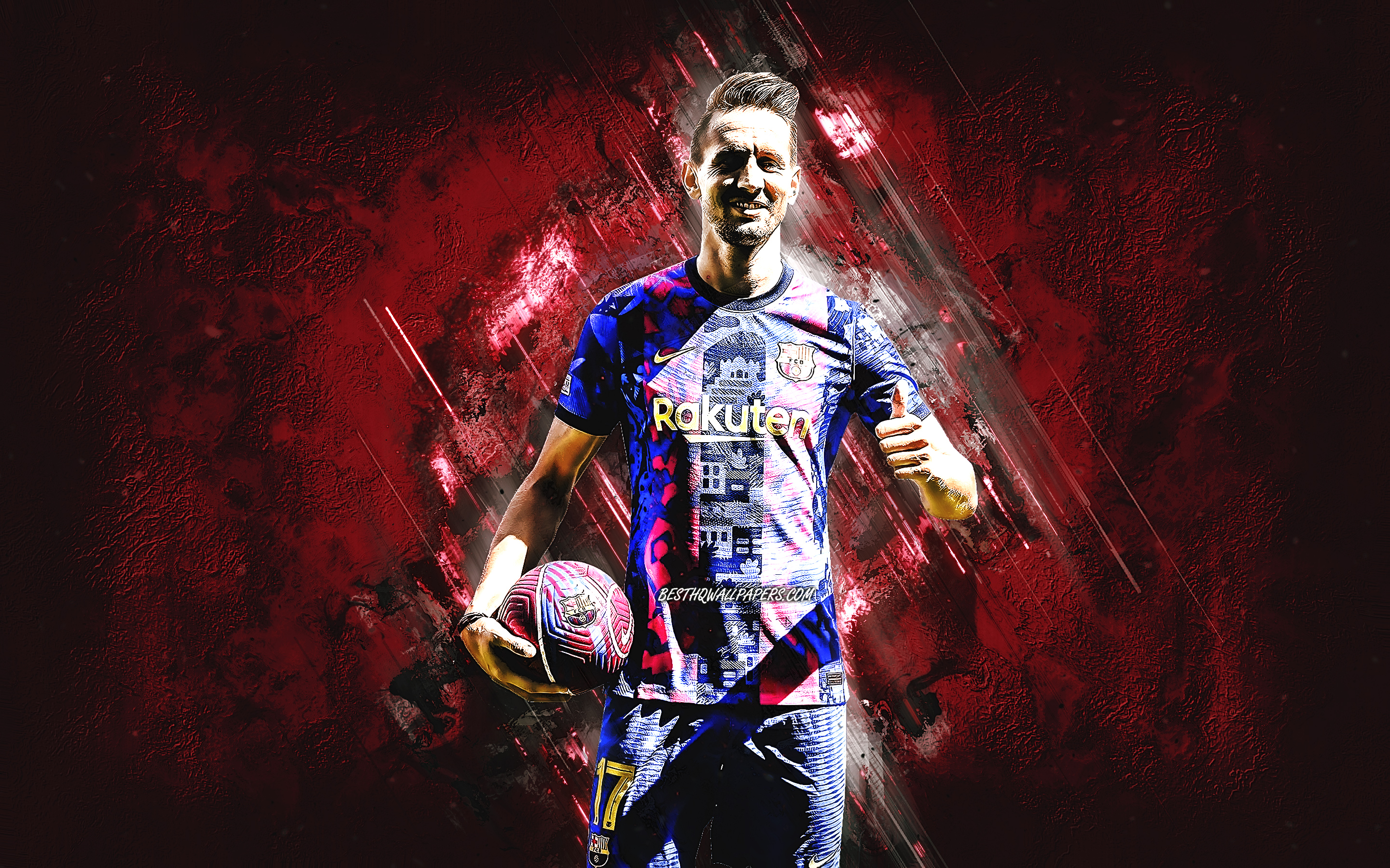 Download wallpaper Luuk de Jong, Barcelona FC, Dutch footballer, portrait, La Liga, burgundy stone background, football for desktop with resolution 2880x1800. High Quality HD picture wallpaper