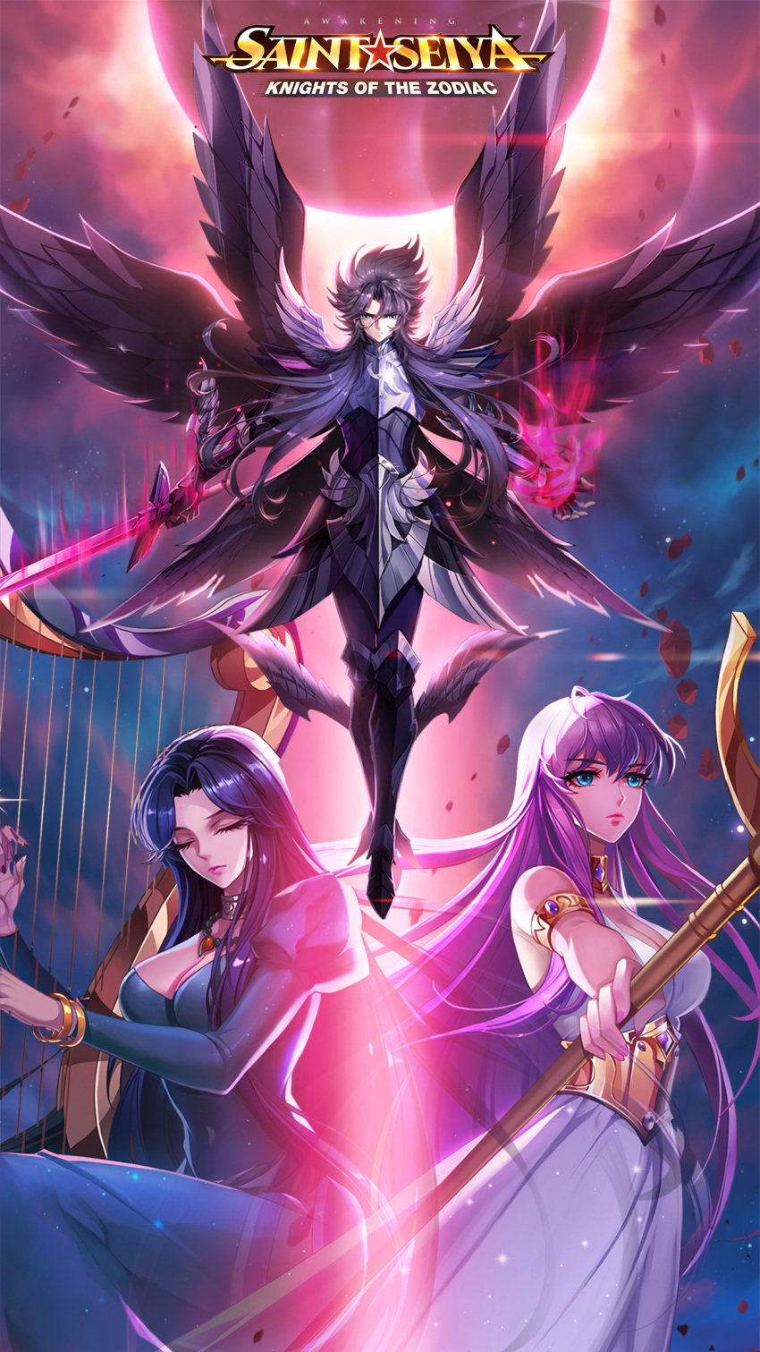Safebooru Athena (saint Seiya) Black Armor Blue Eyes Dress Eclipse Eyes Closed Floating Hair Flying Green Eyes Hades (saint Seiya) Han 0v0 Harp Highres Kido Saori Logo Long Hair Looking Afar Looking