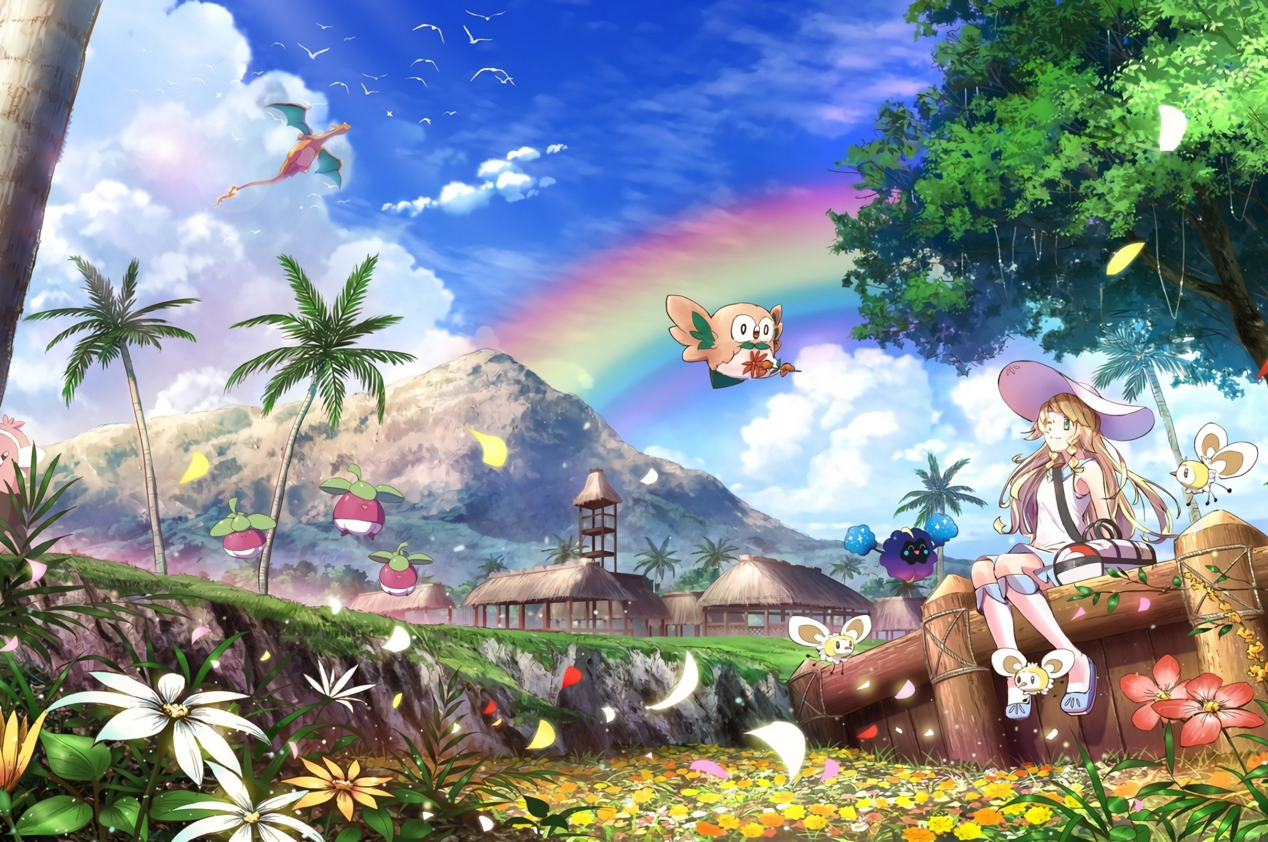 Download 2560x1700 Pokemon, Lillie, Rainbow, Nature, Clouds, Charizard, Flowers, Tree Wallpaper for Chromebook Pixel
