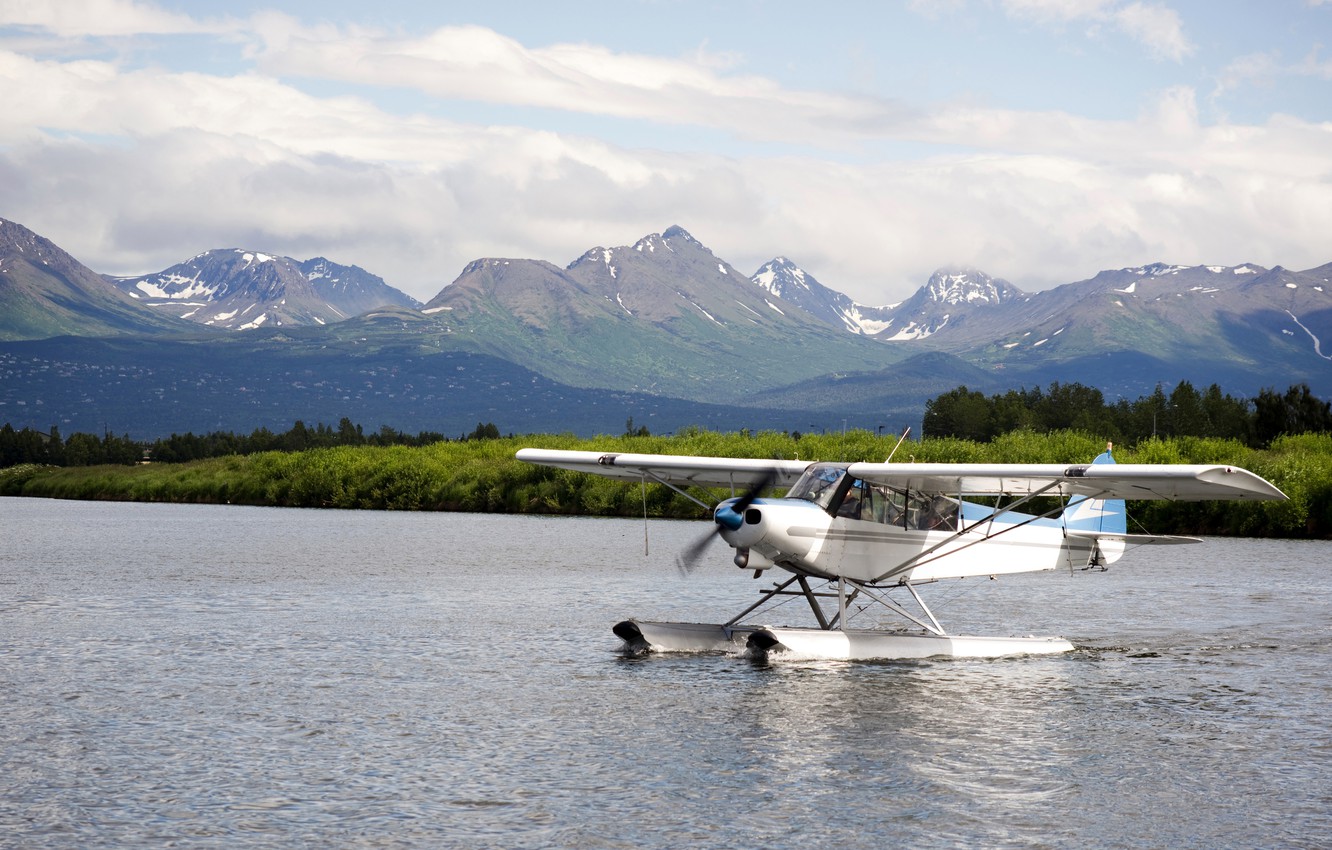 Wallpaper clouds, landscape, mountains, river, on the water, seaplane image for desktop, section авиация