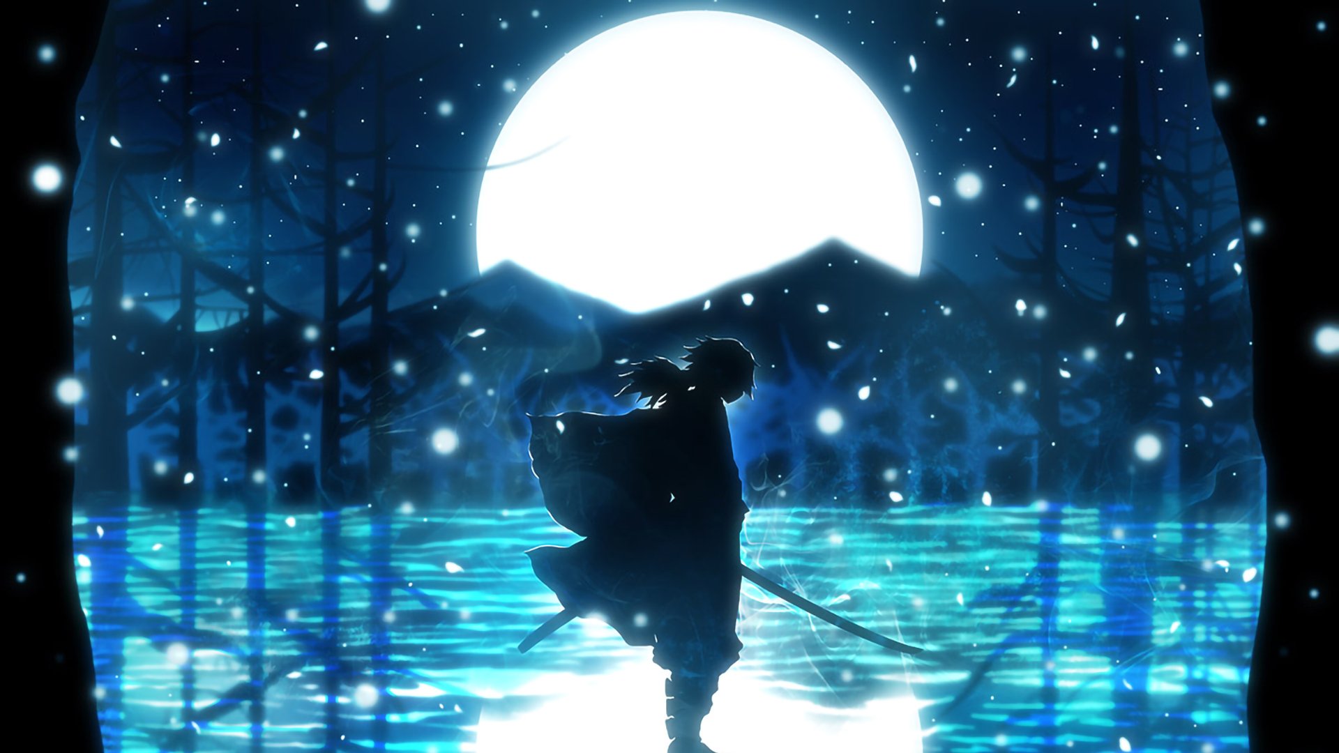 Demon Slayer Giyuu Tomioka With Sword With Background Of Moon Light During Night And Glittering White Dots HD Anime Wallpaper
