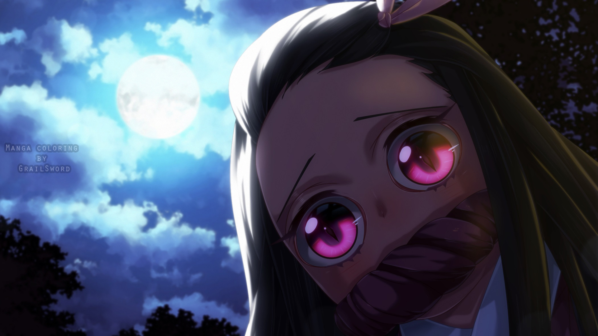 Demon Slayer Nezuko Kamado With Background Of Moon Sky And Clouds HD Anime Wallpaper