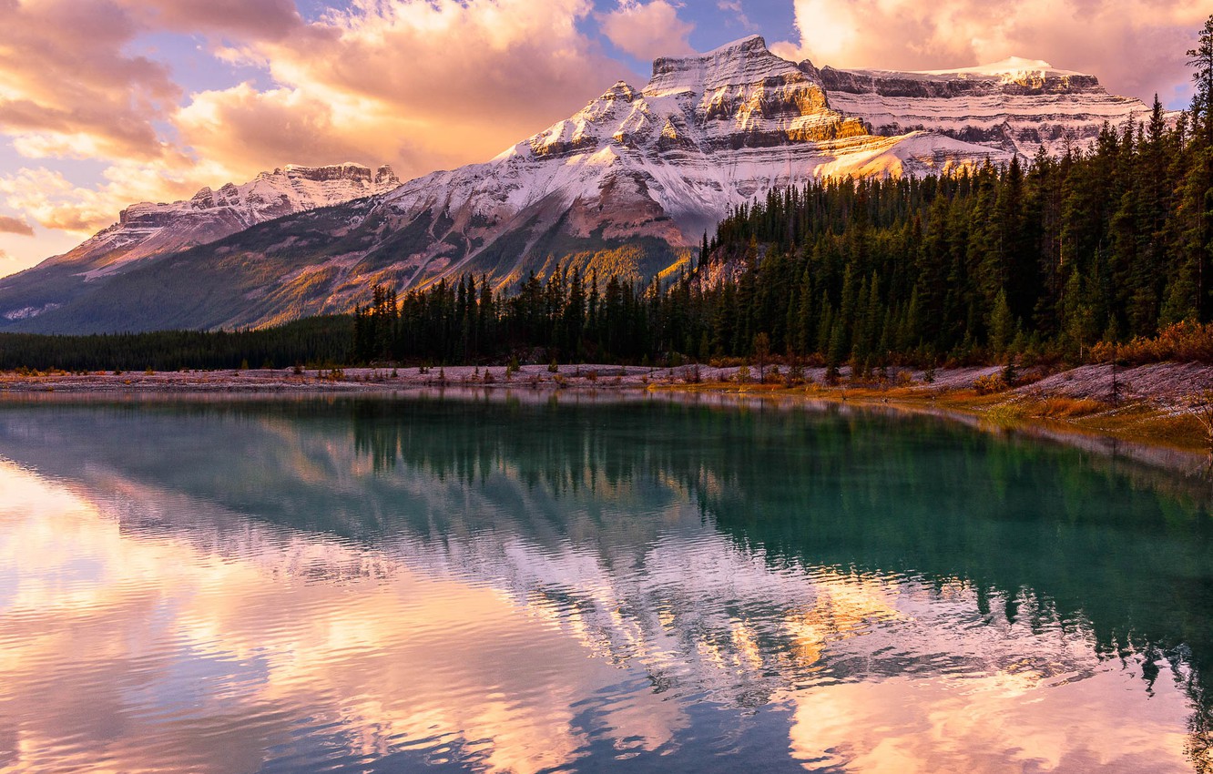 Wallpaper forest, sunset, mountains, lake, Banff National Park, Alberta, Canada image for desktop, section пейзажи