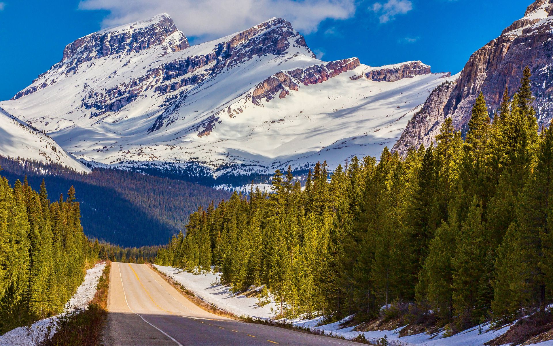 Download wallpaper 1920x1200 alberta, canada, banff national park, mountain, road, distance, snow widescreen 16:10 HD background