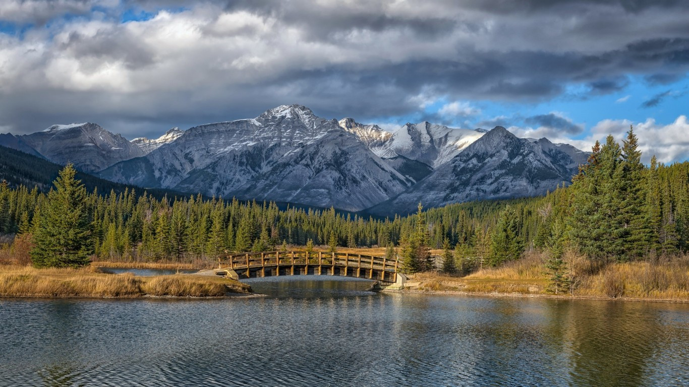 Download 1366x768 Canada, Banff National Park, Alberta, Lake, Mountains, Clouds, Scenery Wallpaper for Laptop, Notebook