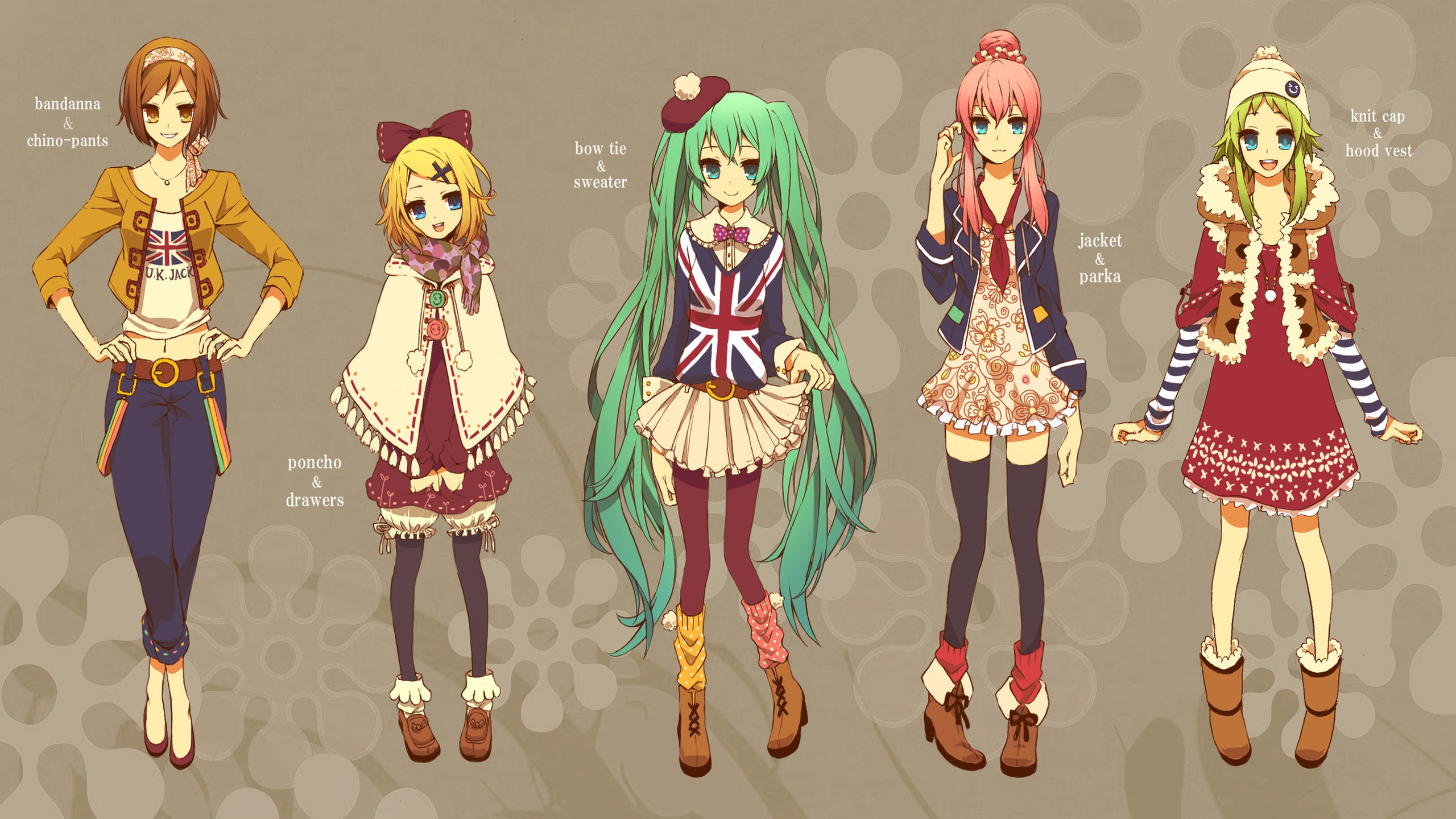 Wallpaper, illustration, pattern, Vocaloid, cute, girl, smile, clothes, costume design 2560x1440