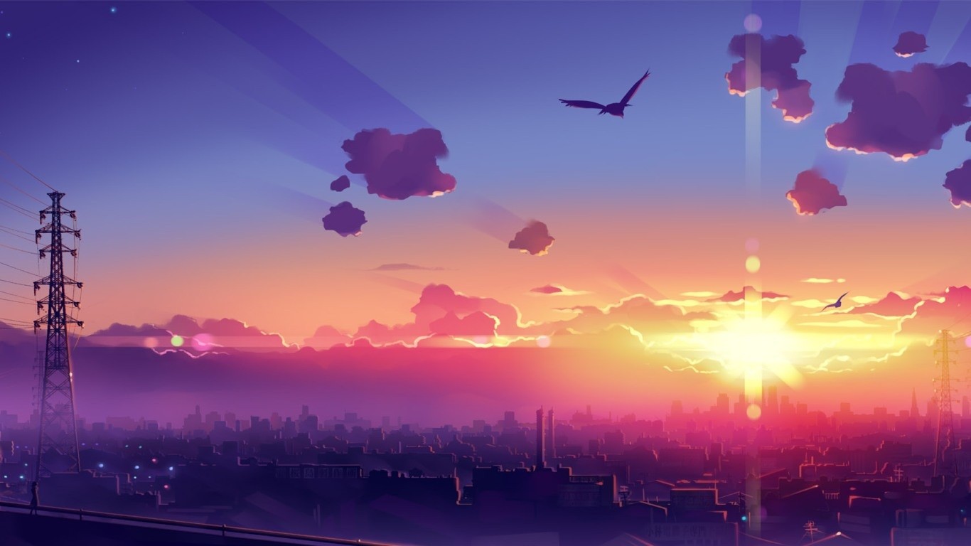 Wallpaper, sunlight, drawing, colorful, sunset, cityscape, anime, reflection, sky, sunrise, evening, morning, horizon, atmosphere, dusk, dawn, atmospheric phenomenon, computer wallpaper, afterglow 1366x768