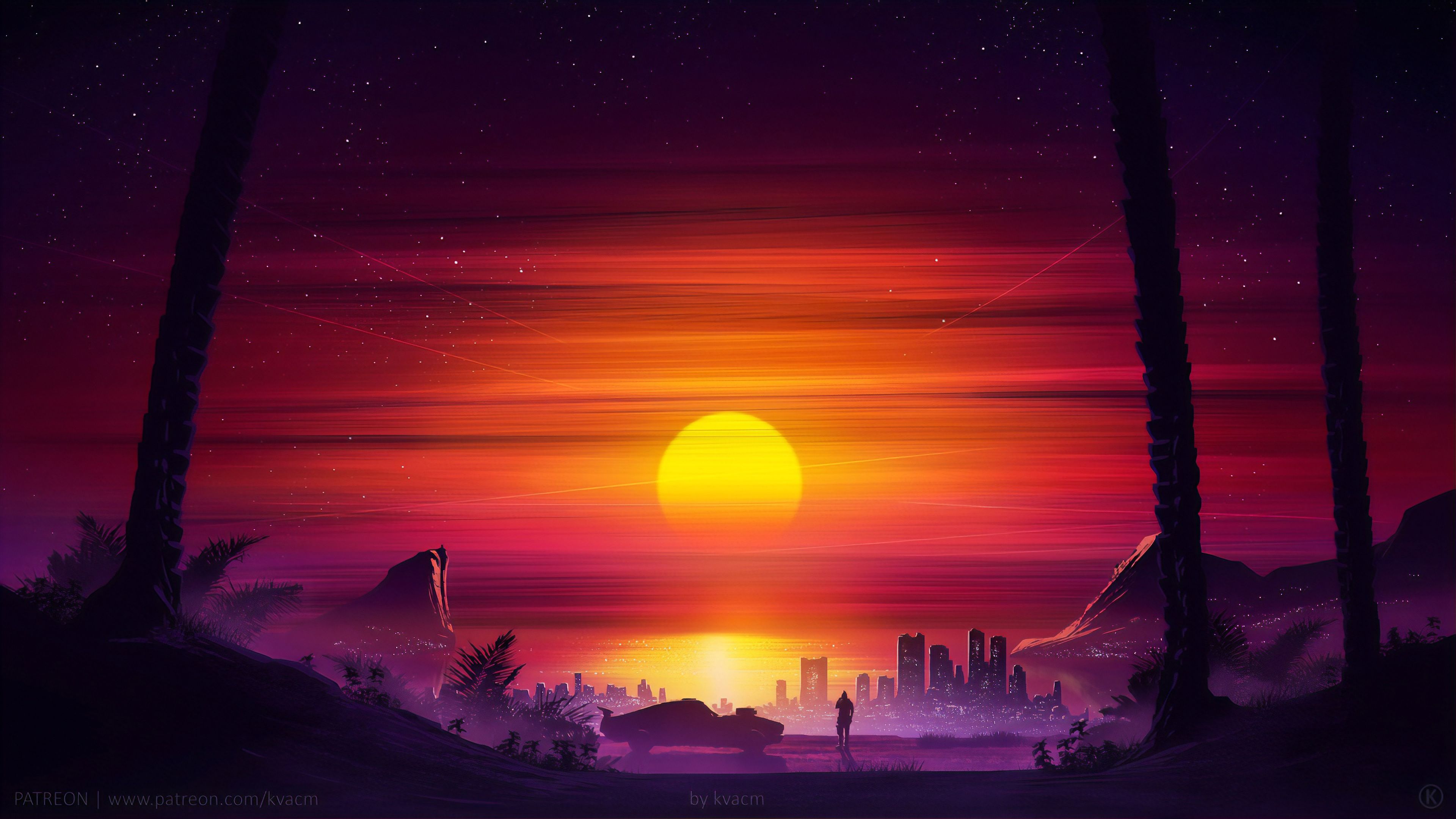 Desktop Wallpaper: Desktop Wallpaper: Evening Sunset. Digital painting, Painting wallpaper, Vaporwave wallpaper