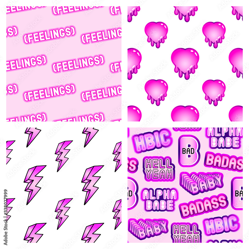 Set of 4 seamless patterns in pink pastel goth style. Vector background. Cute girly wallpaper. Stock Vector