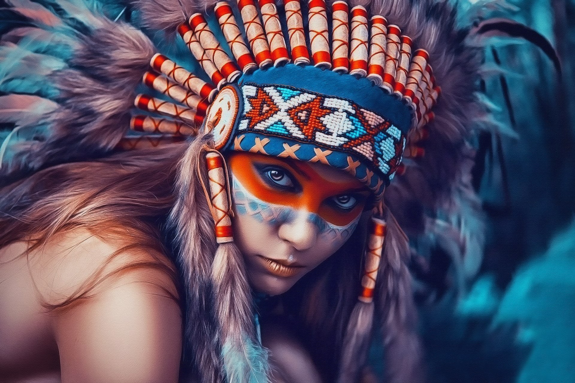 Wallpaper, colorful, painting, women, portrait, eyes, artwork, feathers, blue, headdress, face paint, clothing, Carnival, color, festival, costume 1920x1280