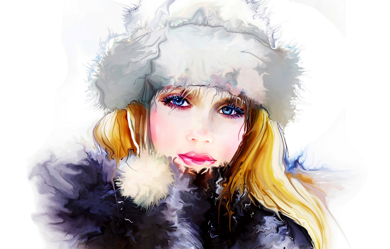 Wallpaper winter, girl, face, woman, girl, painting, woman, beautiful, winter, lips, face, painting, person, lips image for desktop, section живопись