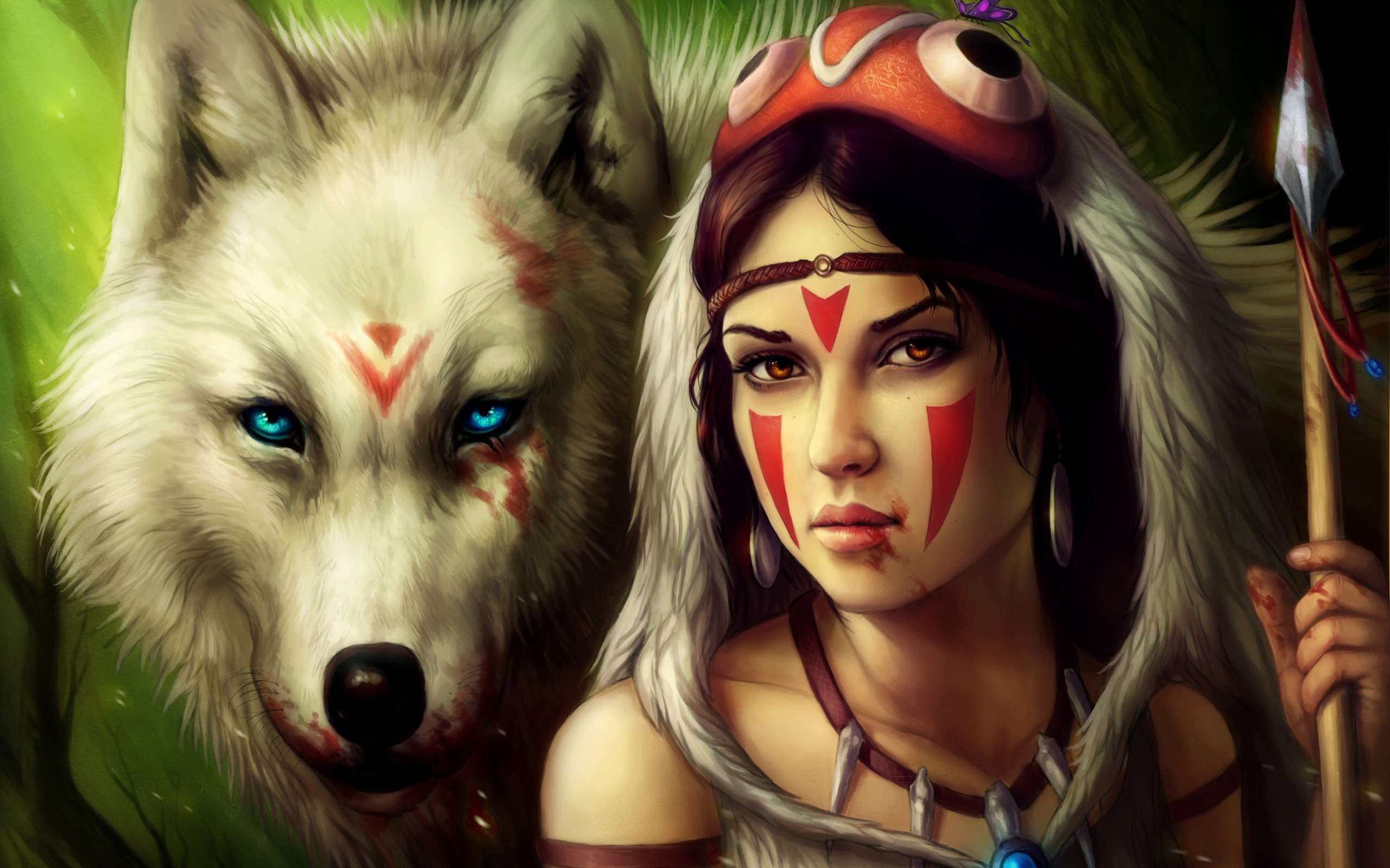women blood princess mononoke fantasy art warriors spears face paint wolves 2560x1600 wallpaper