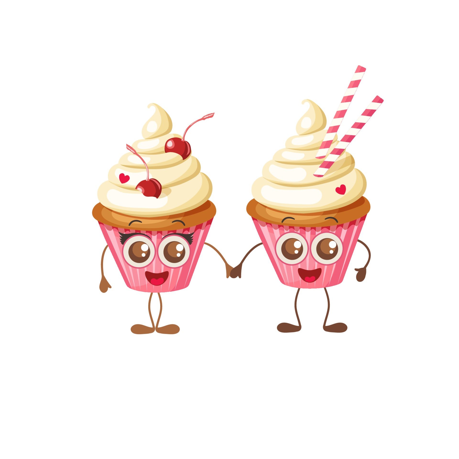 Happy Valentine's Day. Two sweet cupcakes with eyes isolated on white. Cartoon Food Character Emoji. Couple hold hands. Objects for holidays, menu, background