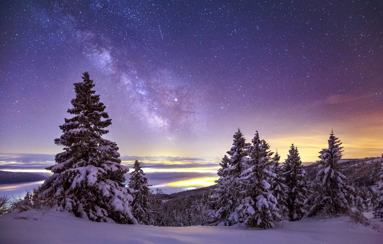 Wallpaper The sky, Winter, Mountains, Snow, Stars, The Milky Way, Spruce Trees image for desktop, section природа