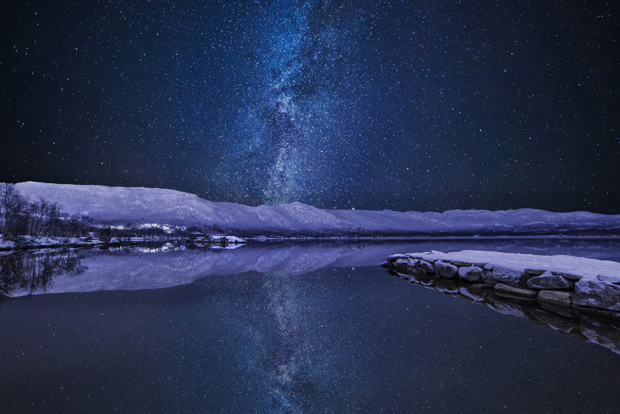 Milky Way Nature Night River Sky Snow Stars Winter Wallpaper:2048x1367