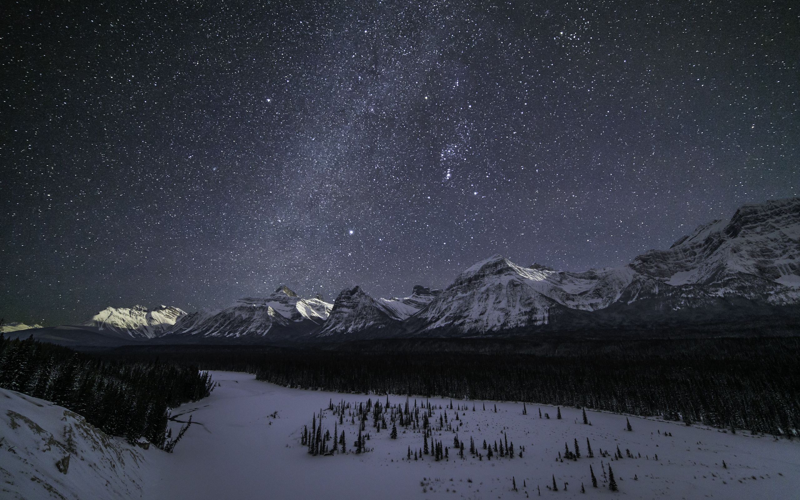 Download wallpaper 2560x1600 mountains, stars, night, snow, winter widescreen 16:10 HD background