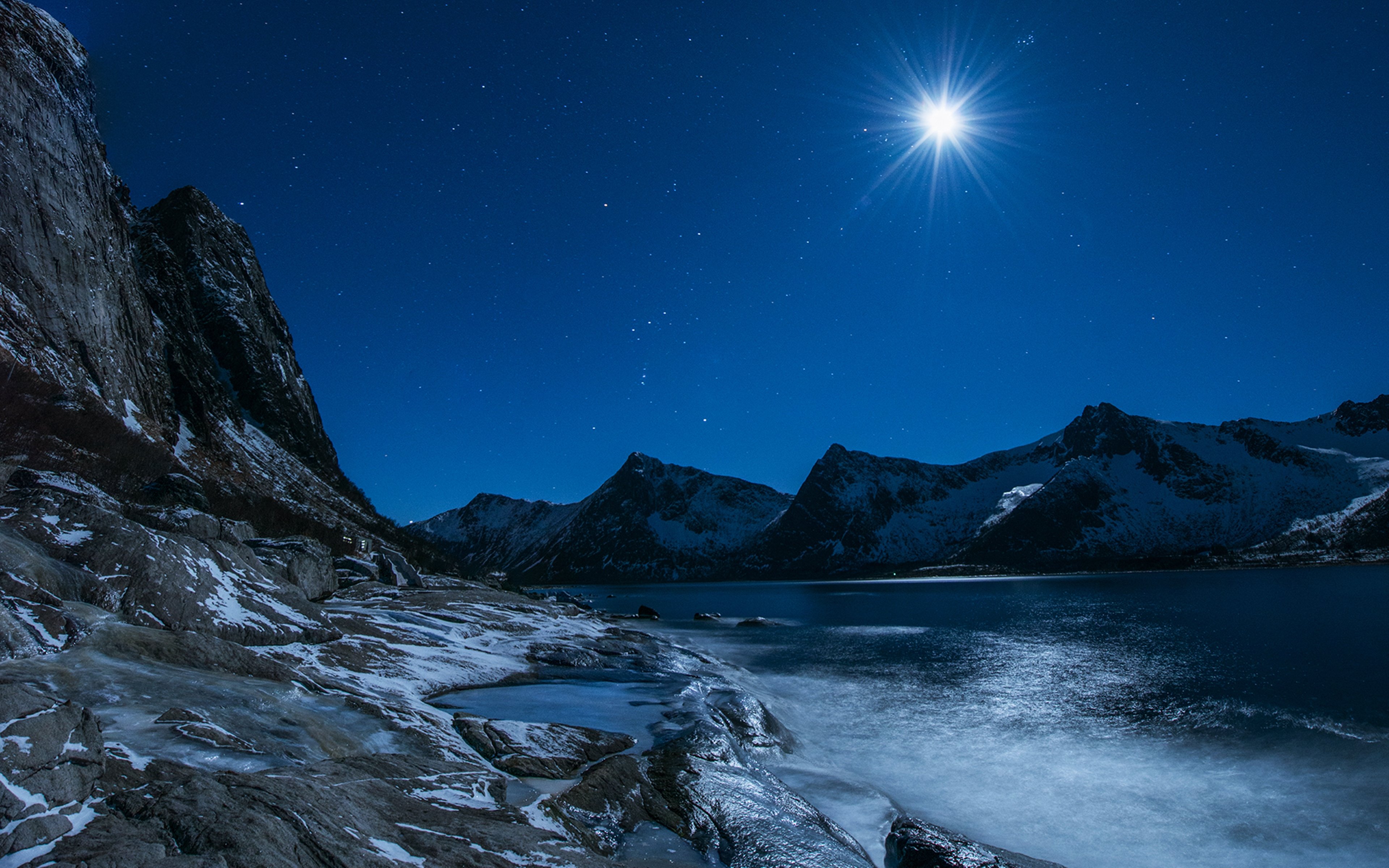 lakes, Landscapes, Sky, Stars, Winter, Ice, Snow, Mountains, Moon, Nature Wallpaper HD / Desktop and Mobile Background