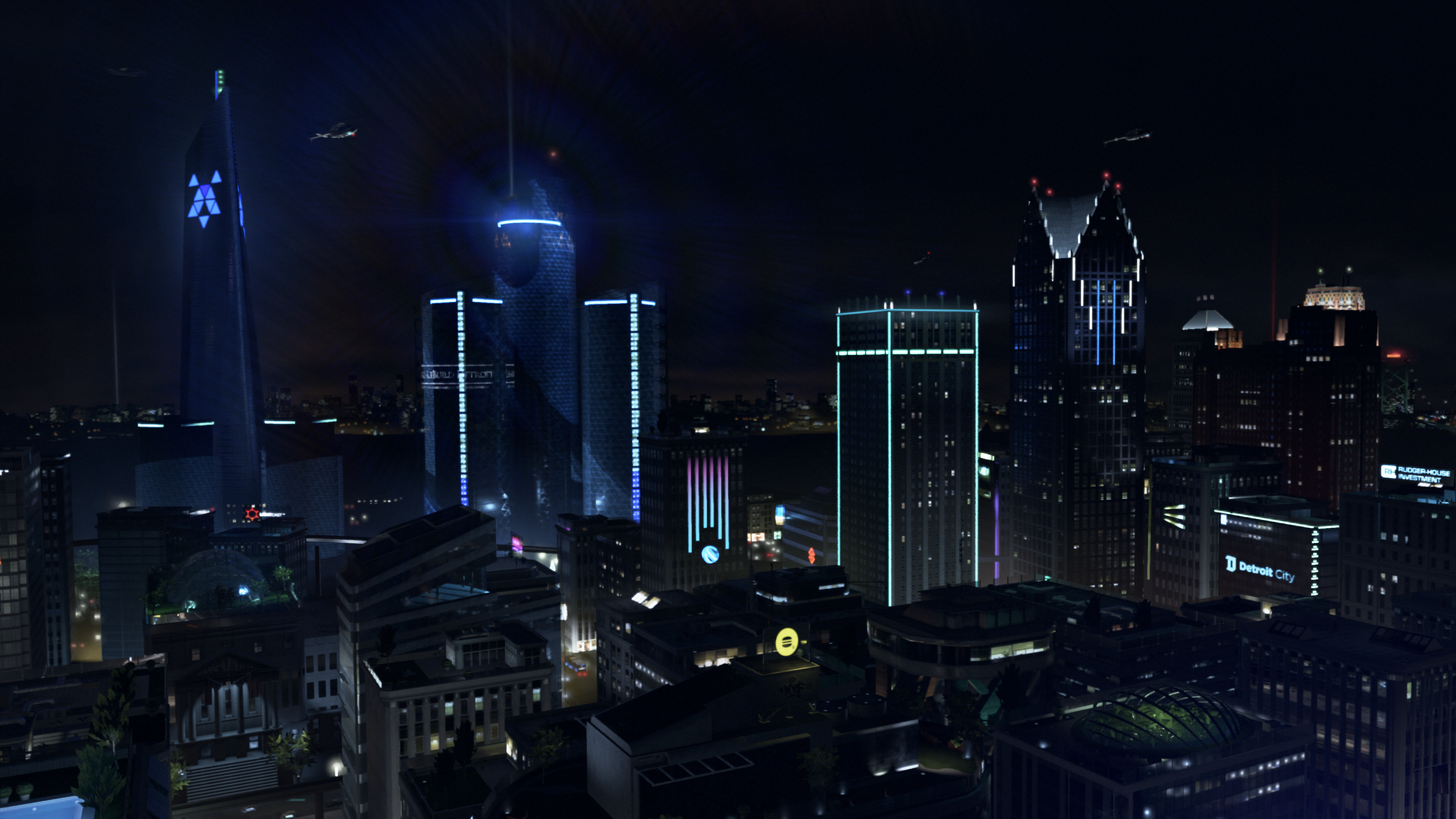 Wallpaper, Detroit become human, night, helicopters, neon lights, science fiction, videogame, skyscraper, roof garden, rooftops 3840x2160