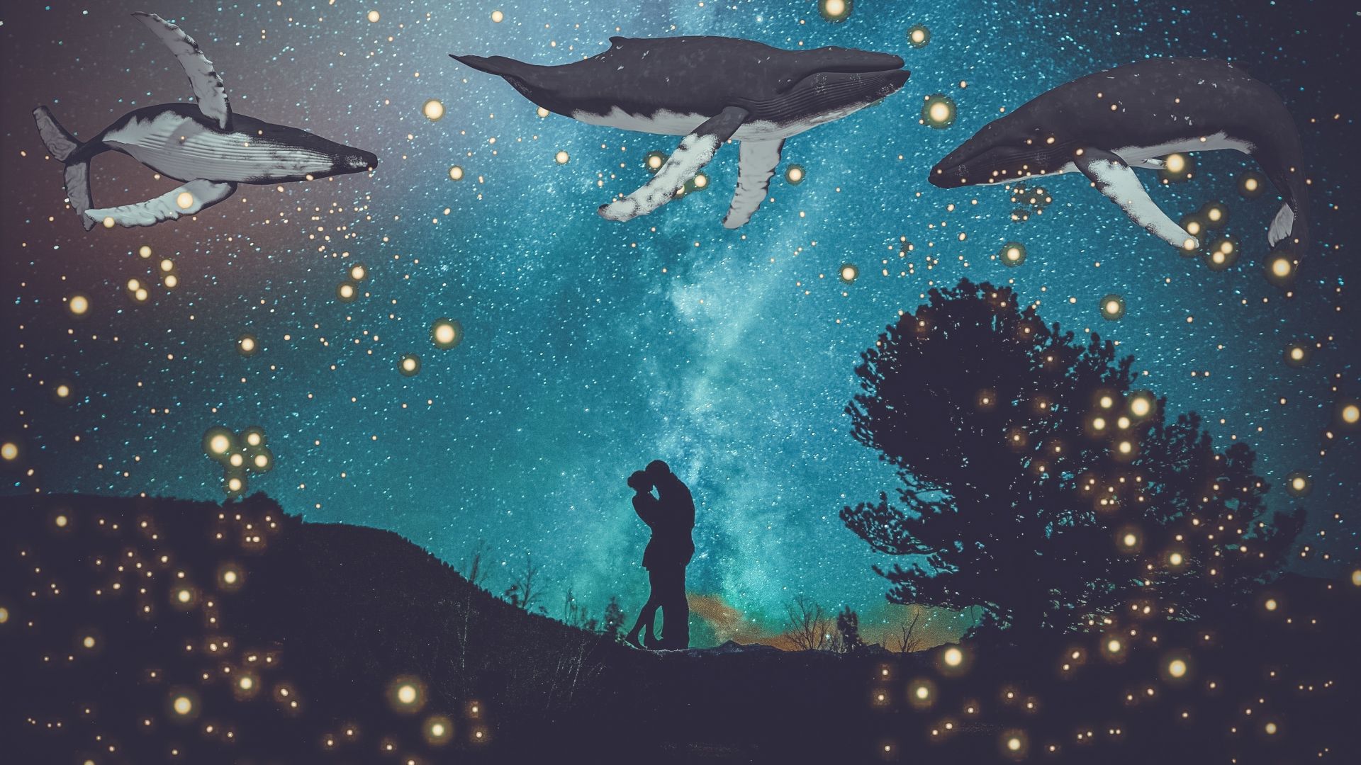 Desktop wallpaper fantasy, couple, hug, whale, fishes, digital art, HD image, picture, background, 85e427