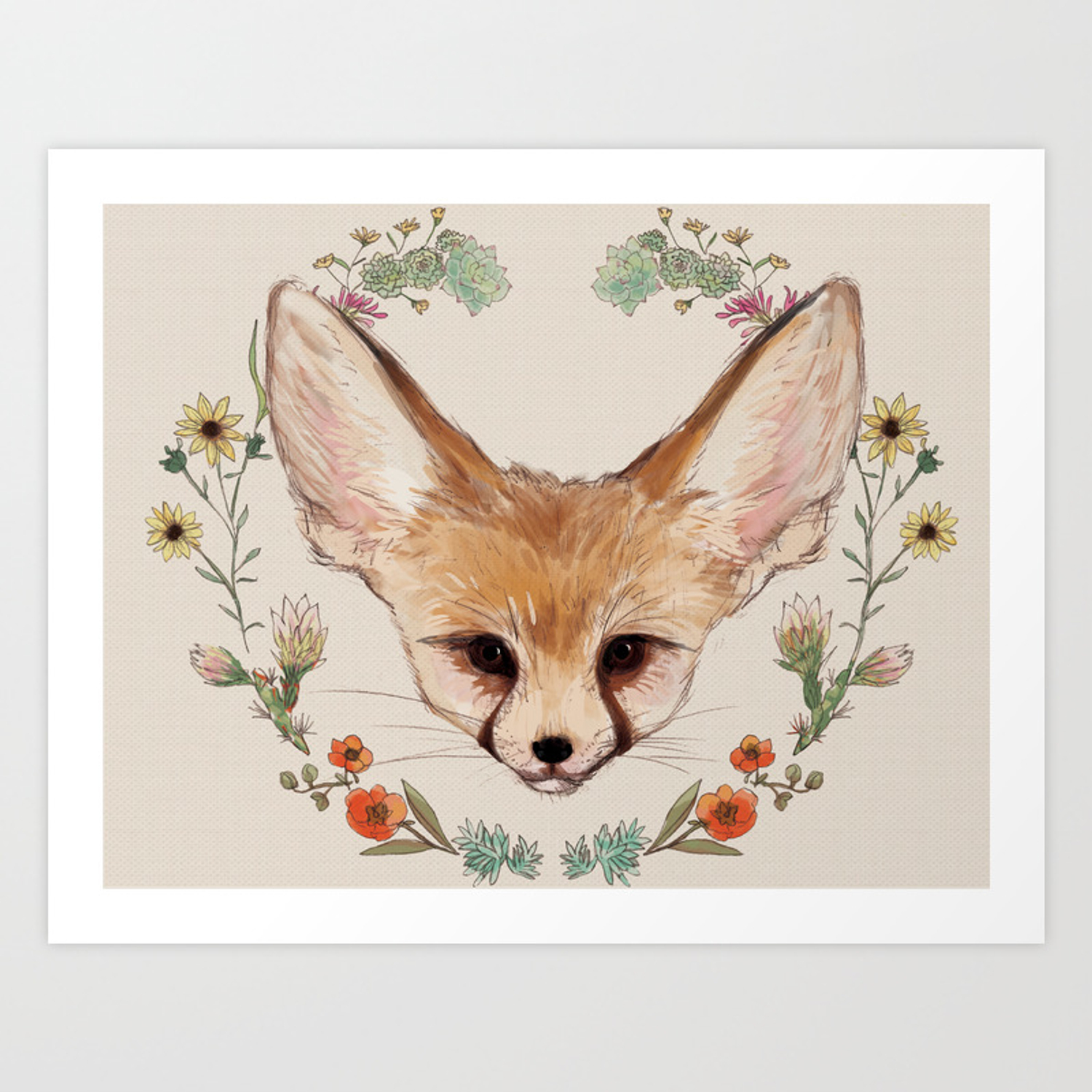 Fennec Fox Cub in Desert Wreath Art Print by Mai S. Kemble