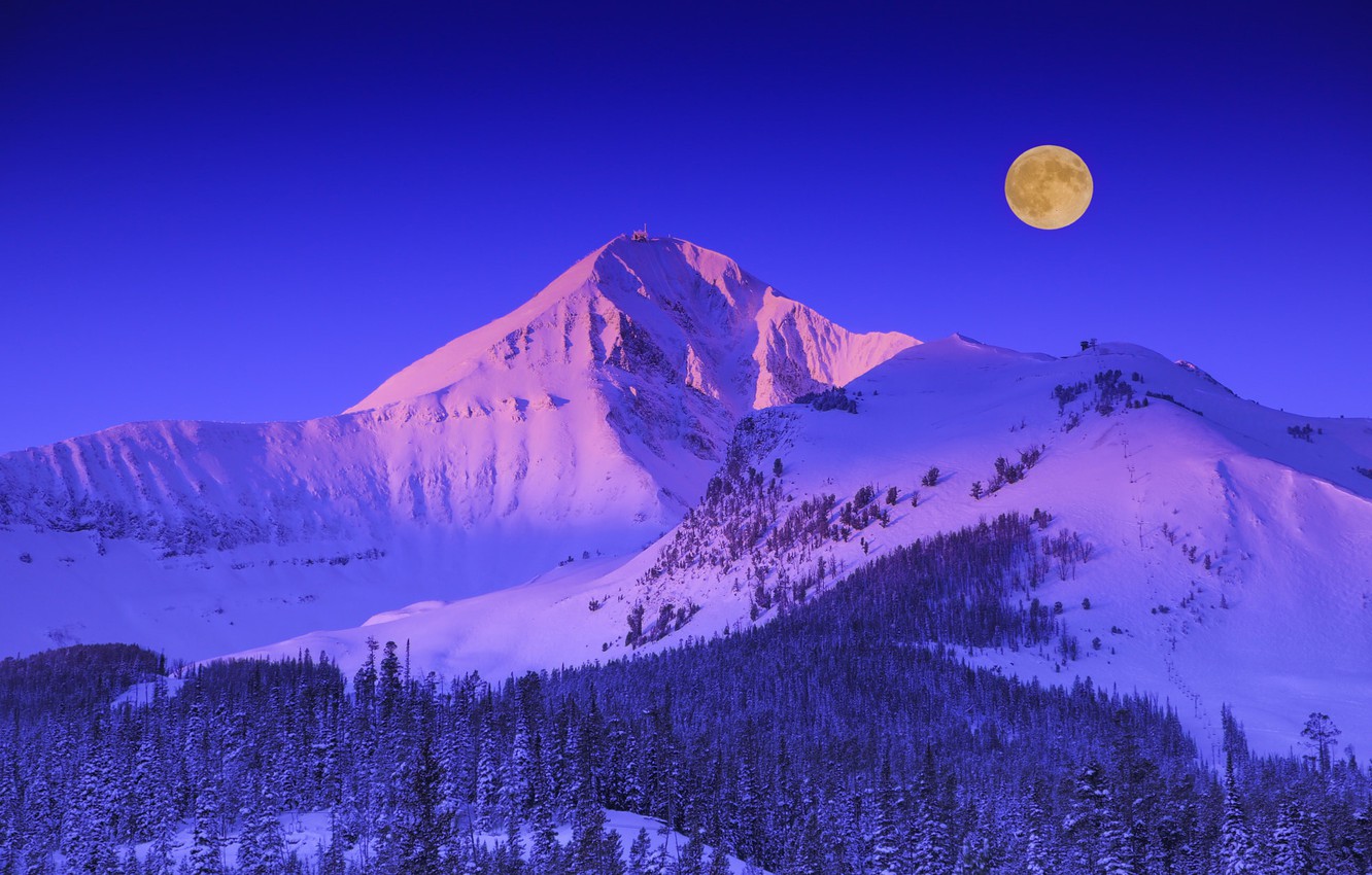 Wallpaper winter, forest, the sky, snow, trees, mountains, the moon, Montana, USA image for desktop, section пейзажи