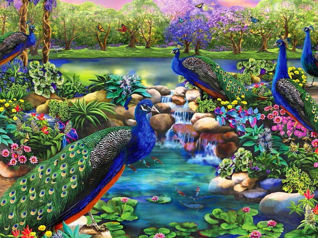 Peacocks & Fantasy Garden wallpaper. Cross paintings, Diamond painting, Painting