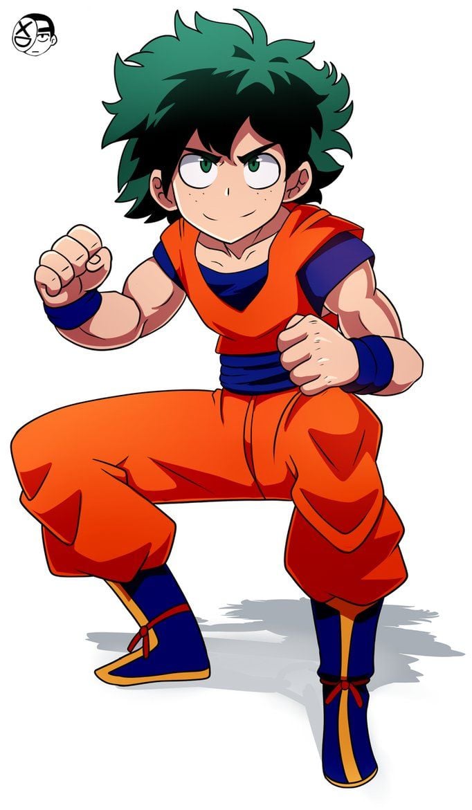 Goku from dbz mixed with deku from my hero academia, painting style, with a  good background