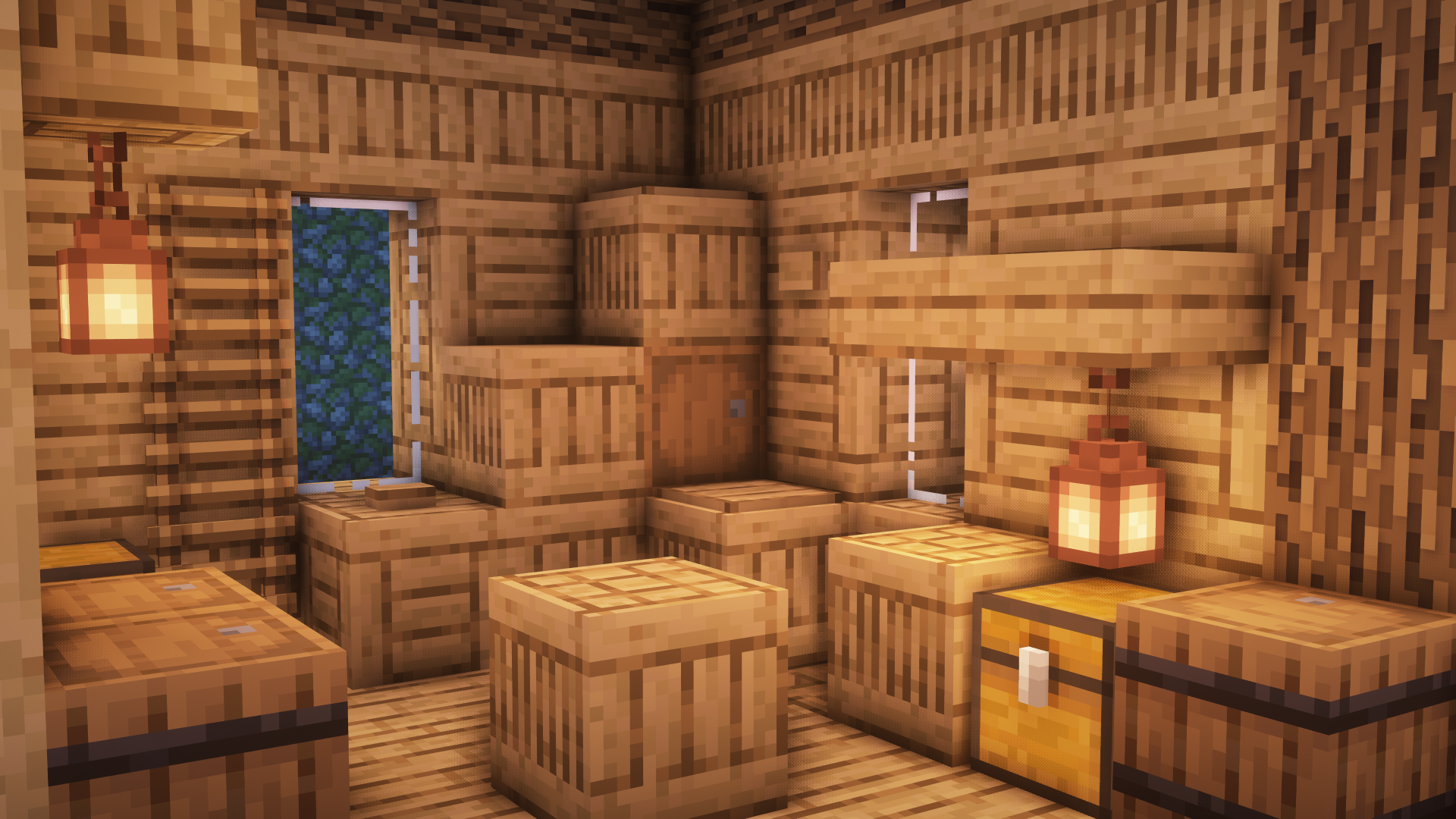 Changed a crafting table texture to fit a crafting recipe and oak_planks texture; can be used as part of the wall or as decorative crates. What you think?