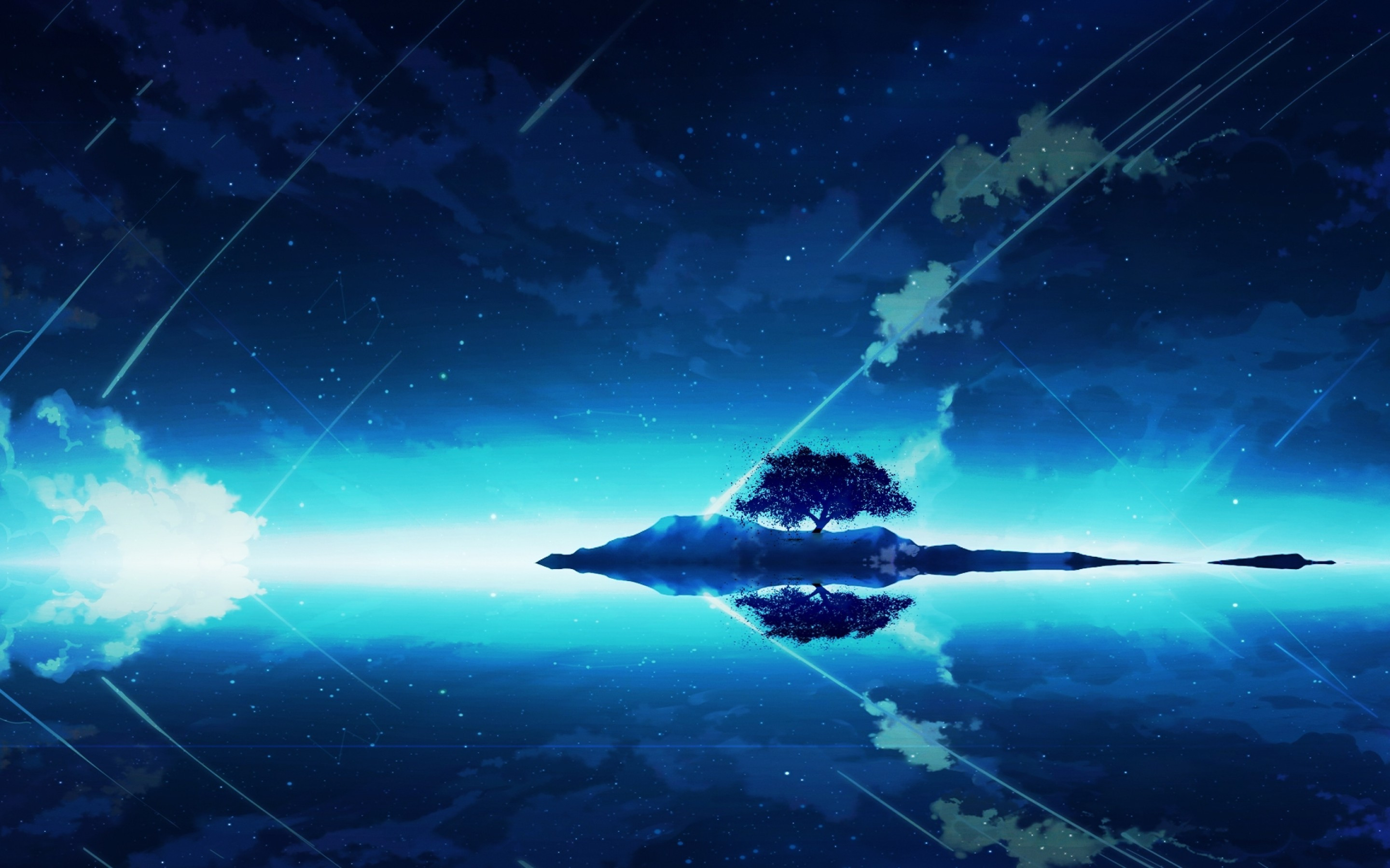 Download 2880x1800 Anime Landscape, Lonely Tree, Reflection, Water, Cloud, Stars Wallpaper for MacBook Pro 15 inch