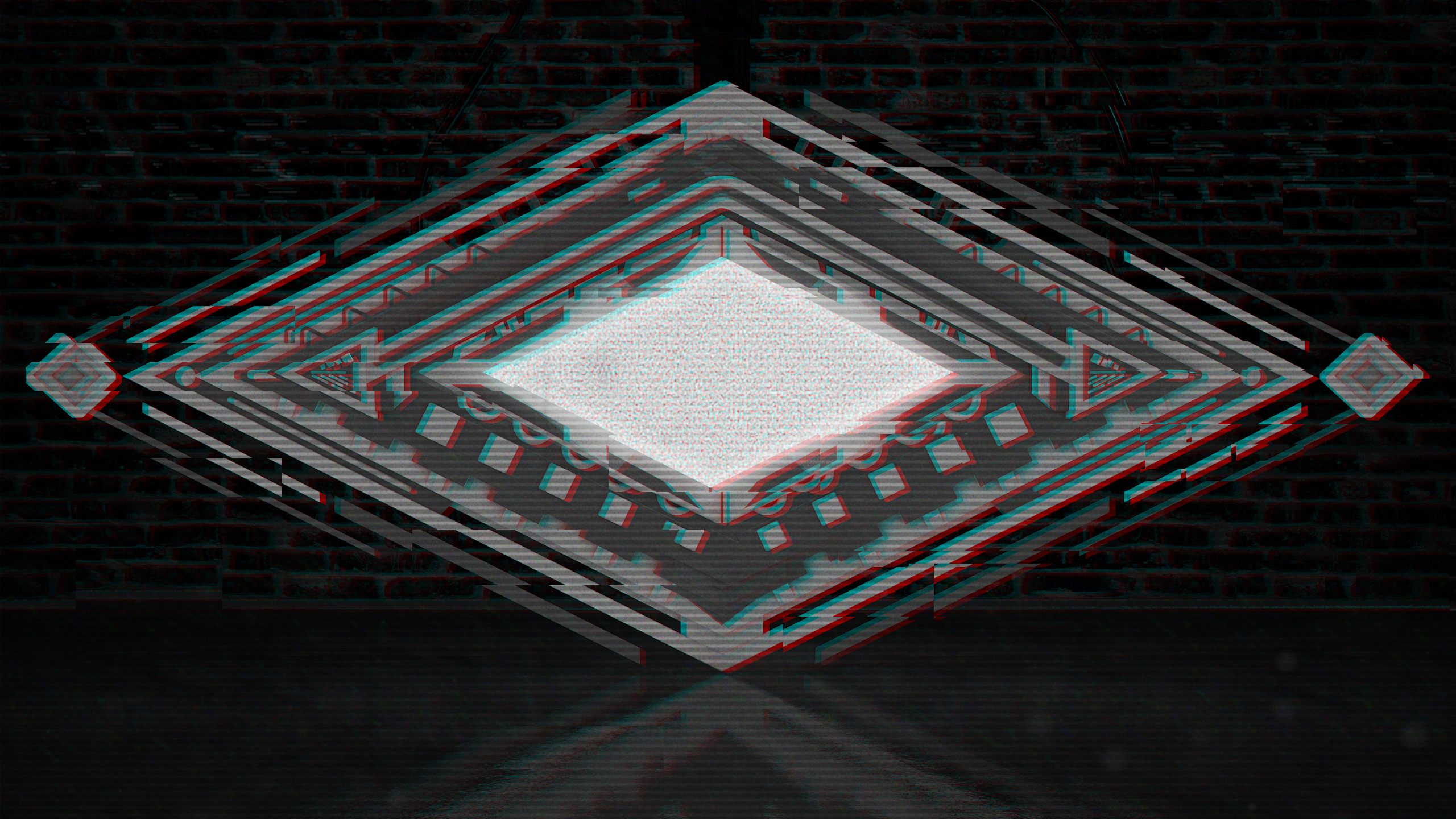 Wallpaper, rhombus, abstract, crystal, geometric figures, geometry, art installation, 3D Abstract, shining, reflection, bricks, monochrome, chromatic aberration, glitch art, noise, dark 2560x1440