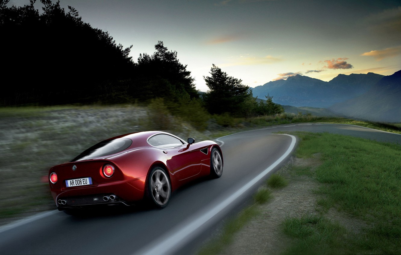 Wallpaper road, mountains, red, speed, alfa romeo, 8c competizione image for desktop, section alfa romeo