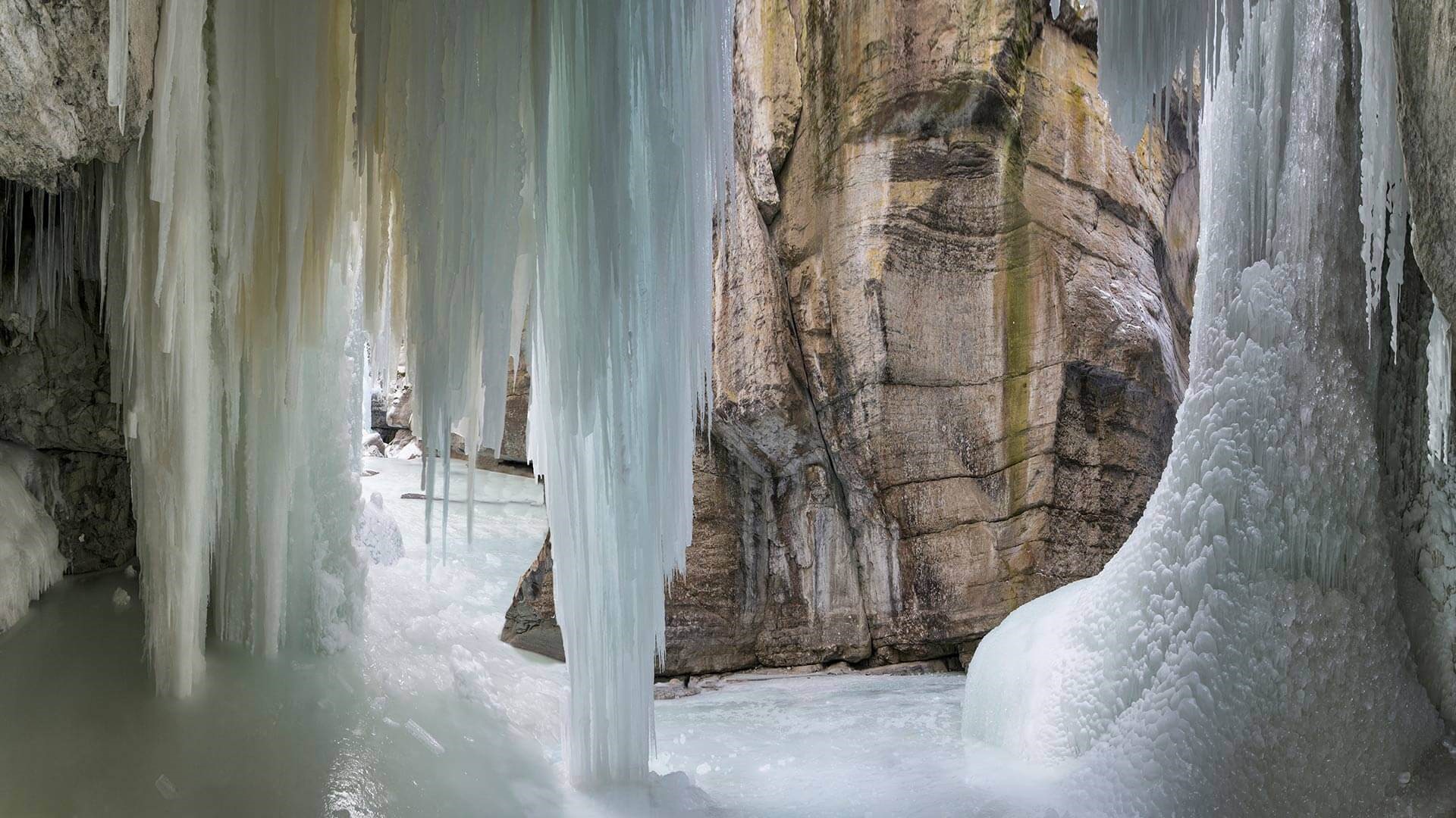 Frozen waterfalls and icy caves