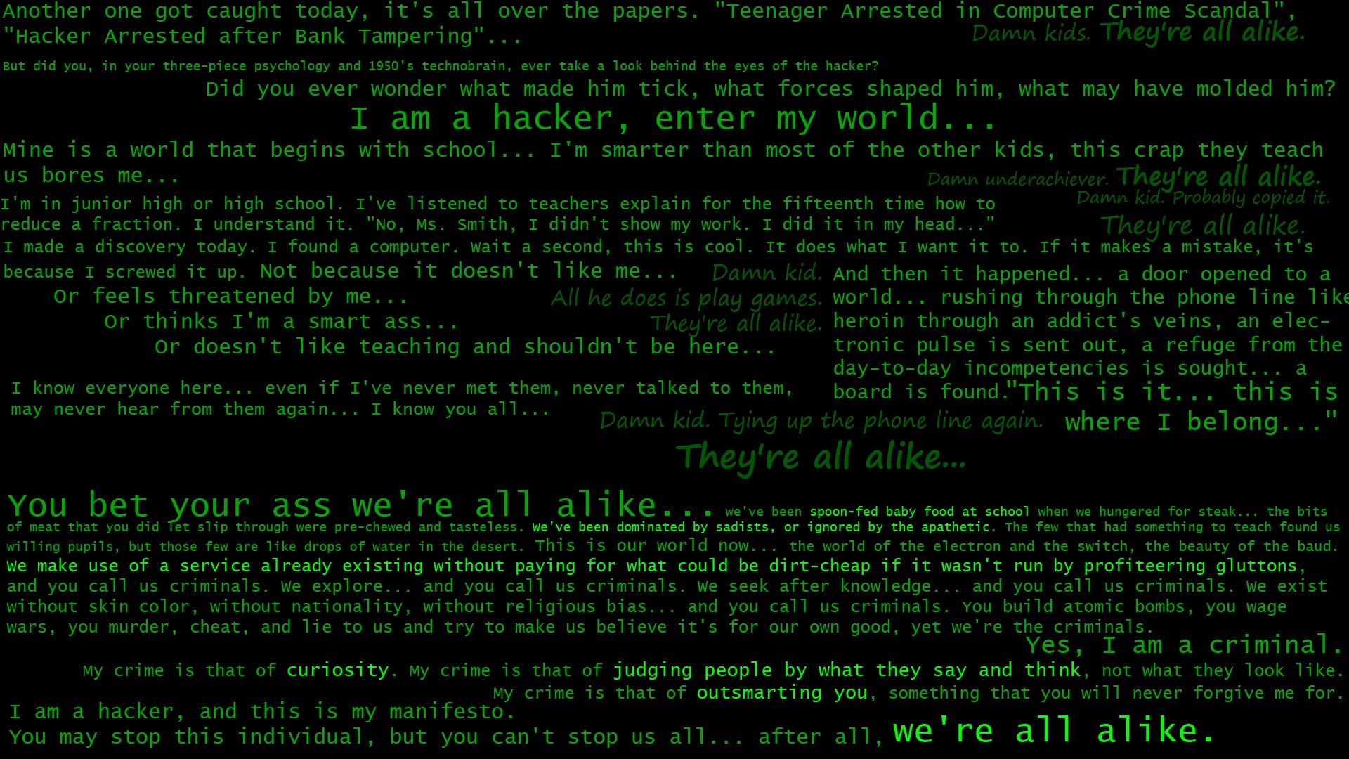 quotes hackers manifesto black background green text 1920x1080 wallpaper High Quality Wallpaper, High Definition Wallpaper