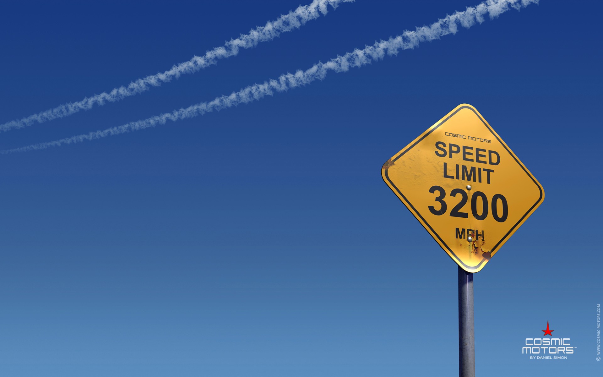 Wallpaper, street light, minimalism, blue background, numbers, clear sky, warning signs, road sign, contrails, Cosmic Motors, speed limit, line, signage, traffic sign 1920x1200