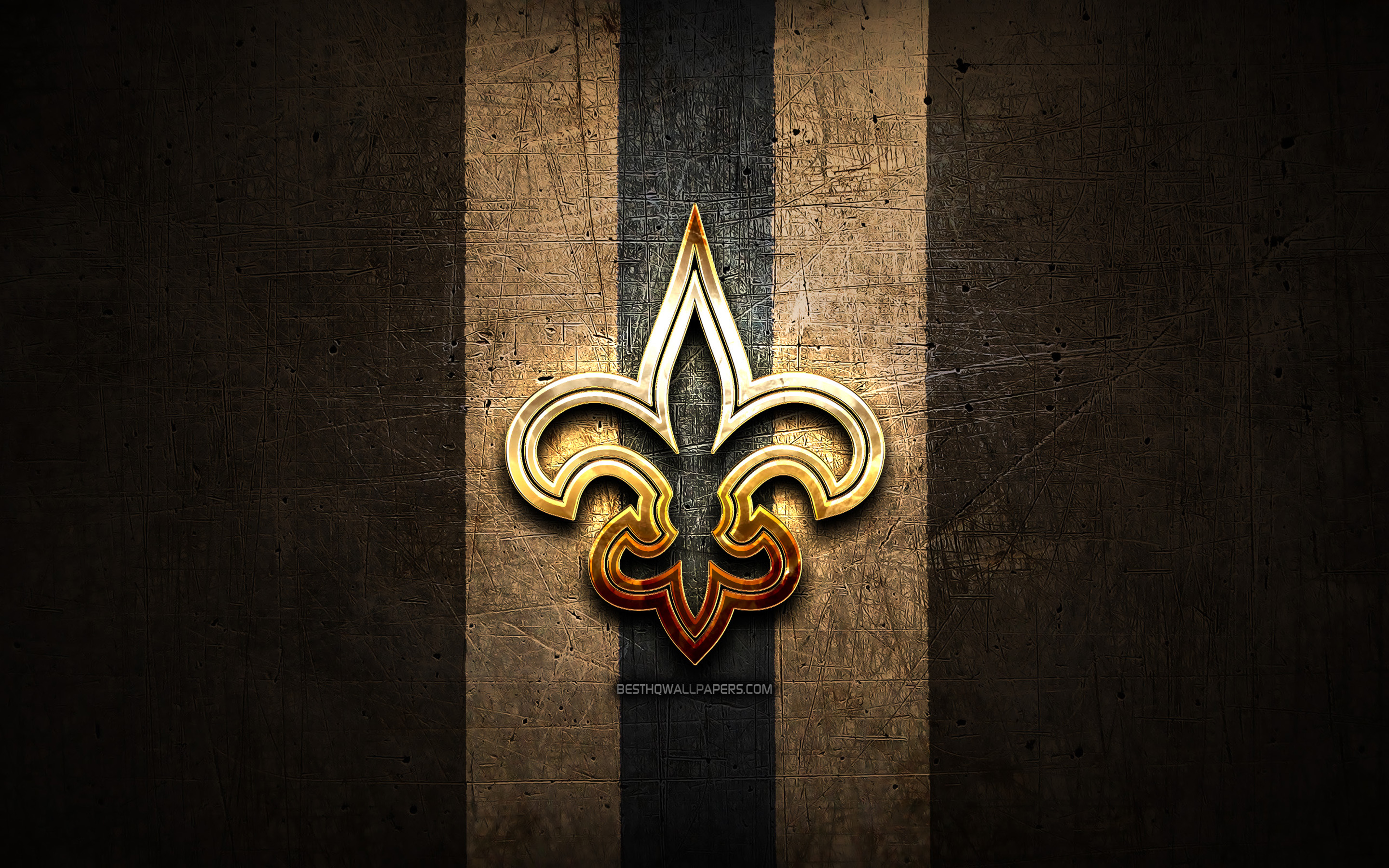 Download wallpaper New Orleans Saints, golden logo, NFL, brown metal background, american football club, New Orleans Saints logo, american football, USA for desktop with resolution 2880x1800. High Quality HD picture wallpaper