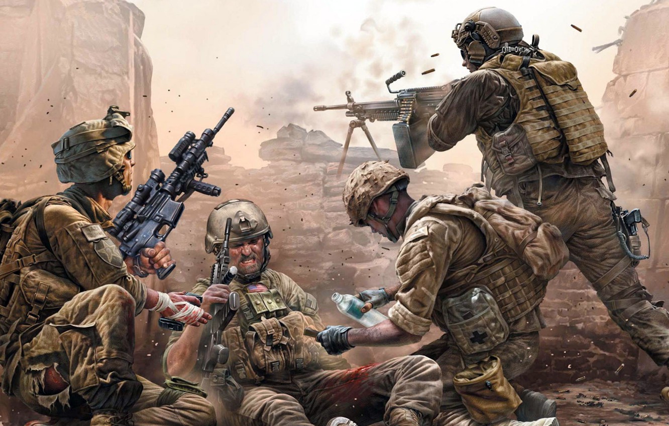Wallpaper war, soldiers, shooting, wounded, Modern US infantry image for desktop, section ситуации