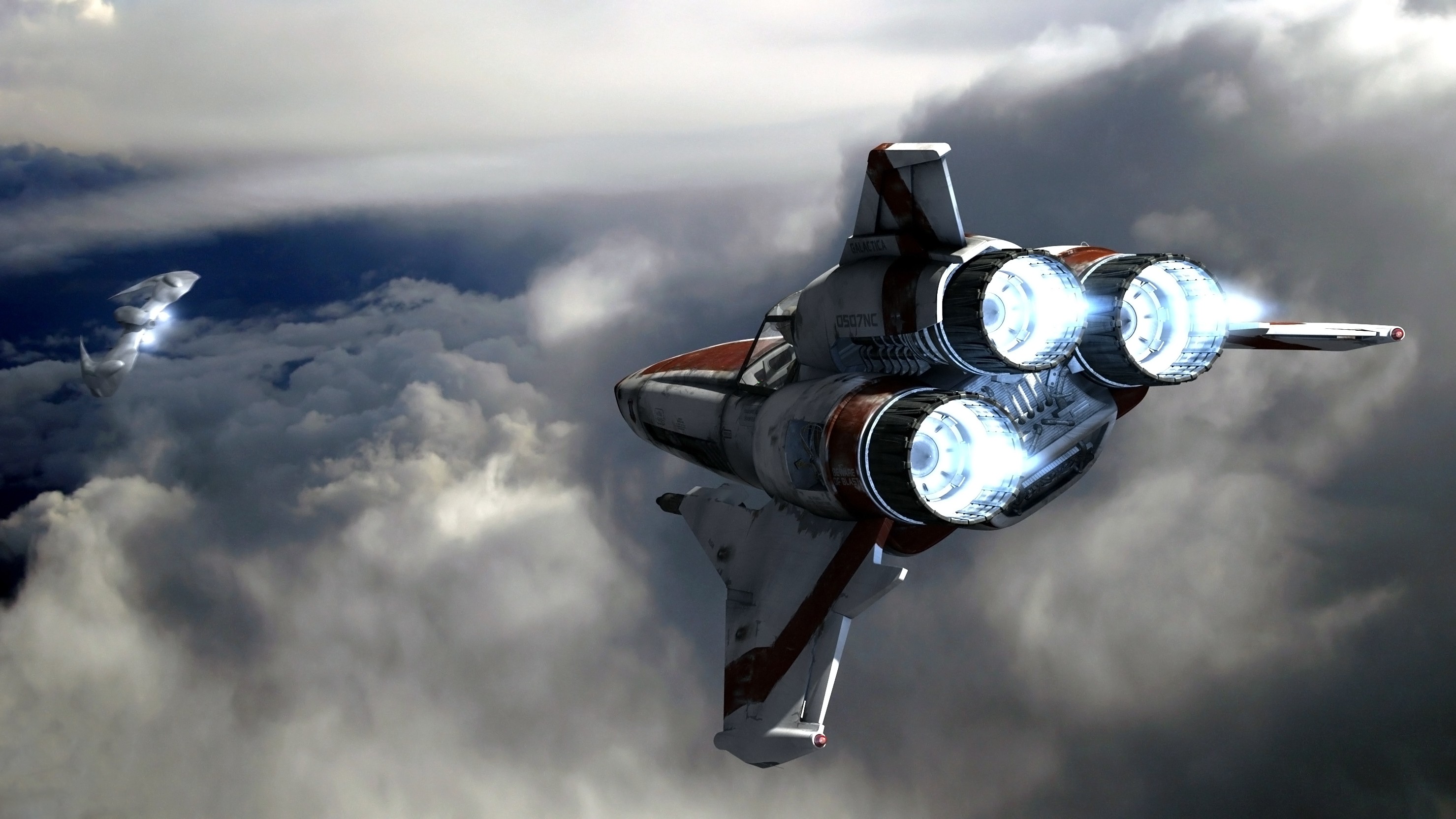 Wallpaper, digital art, sky, futuristic, vehicle, clouds, airplane, science fiction, spaceship, military aircraft, Battlestar Galactica, Cylons, air force, Flight, aviation, wing, screenshot, atmosphere of earth, fighter aircraft, aircraft engine, jet