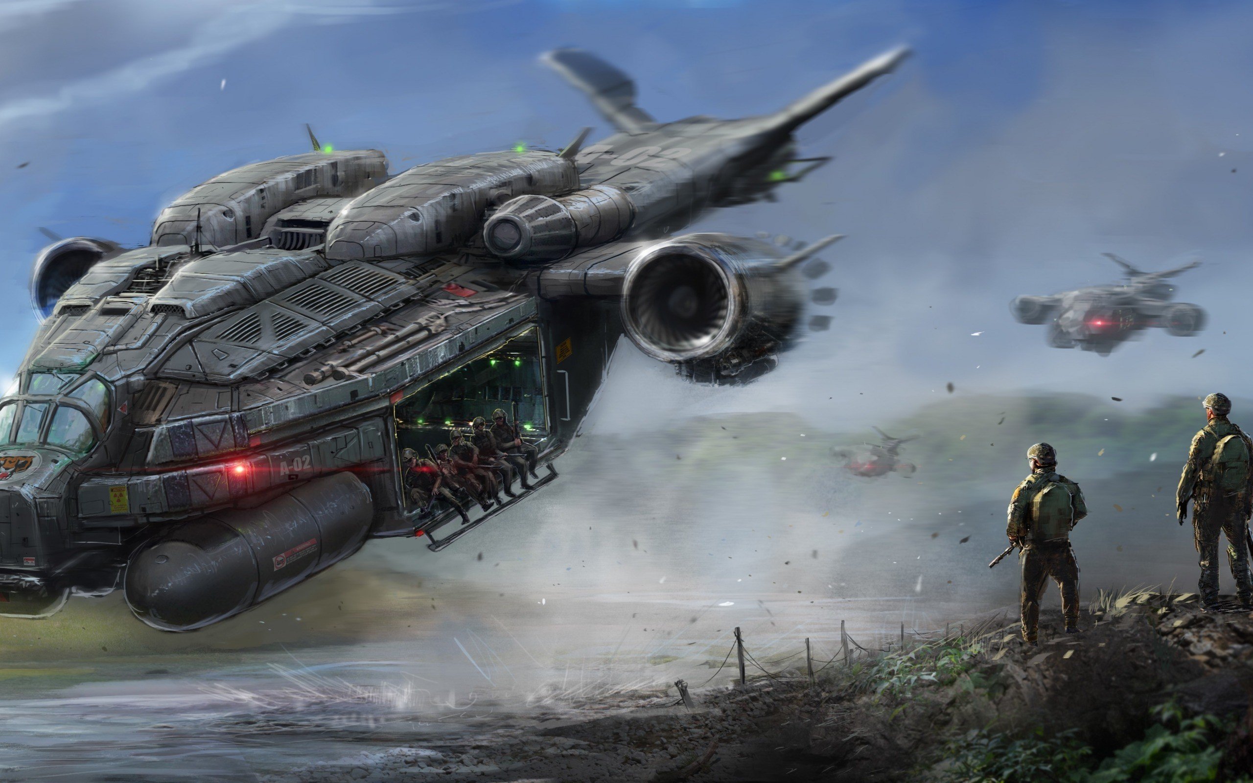 Wallpaper, digital art, futuristic, aircraft, tank, science fiction, military, air force, aviation, helicopter, screenshot, atmosphere of earth, combat vehicle 2560x1600